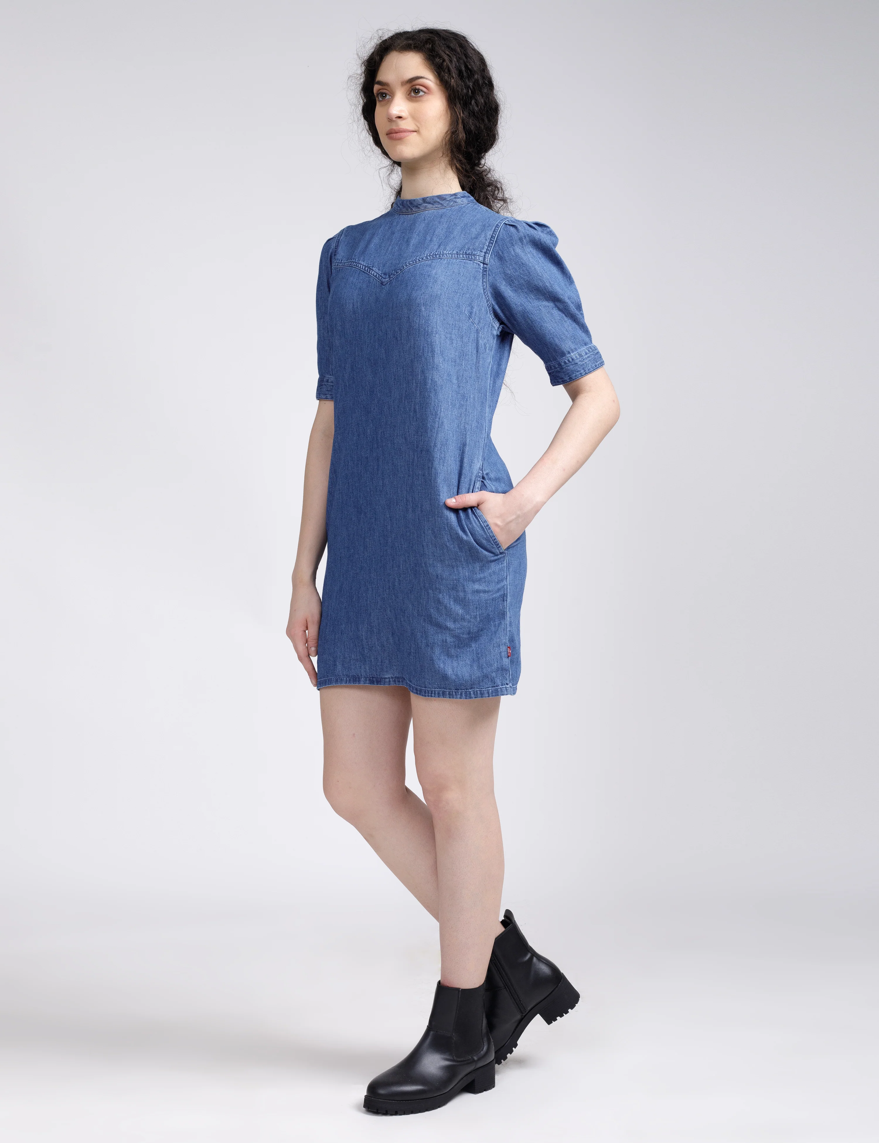 Women's Solid Blue Collar Neck Denim Dress - Image 3