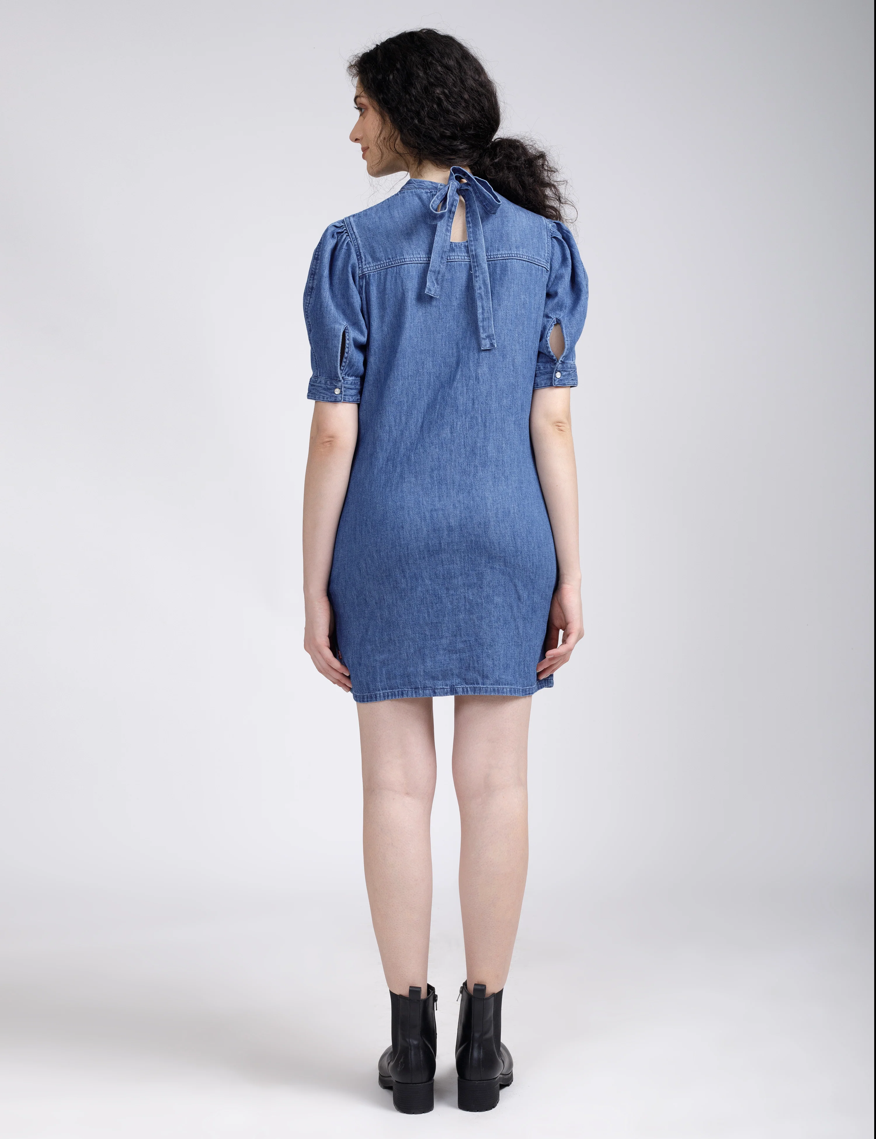 Women's Solid Blue Collar Neck Denim Dress - Image 4