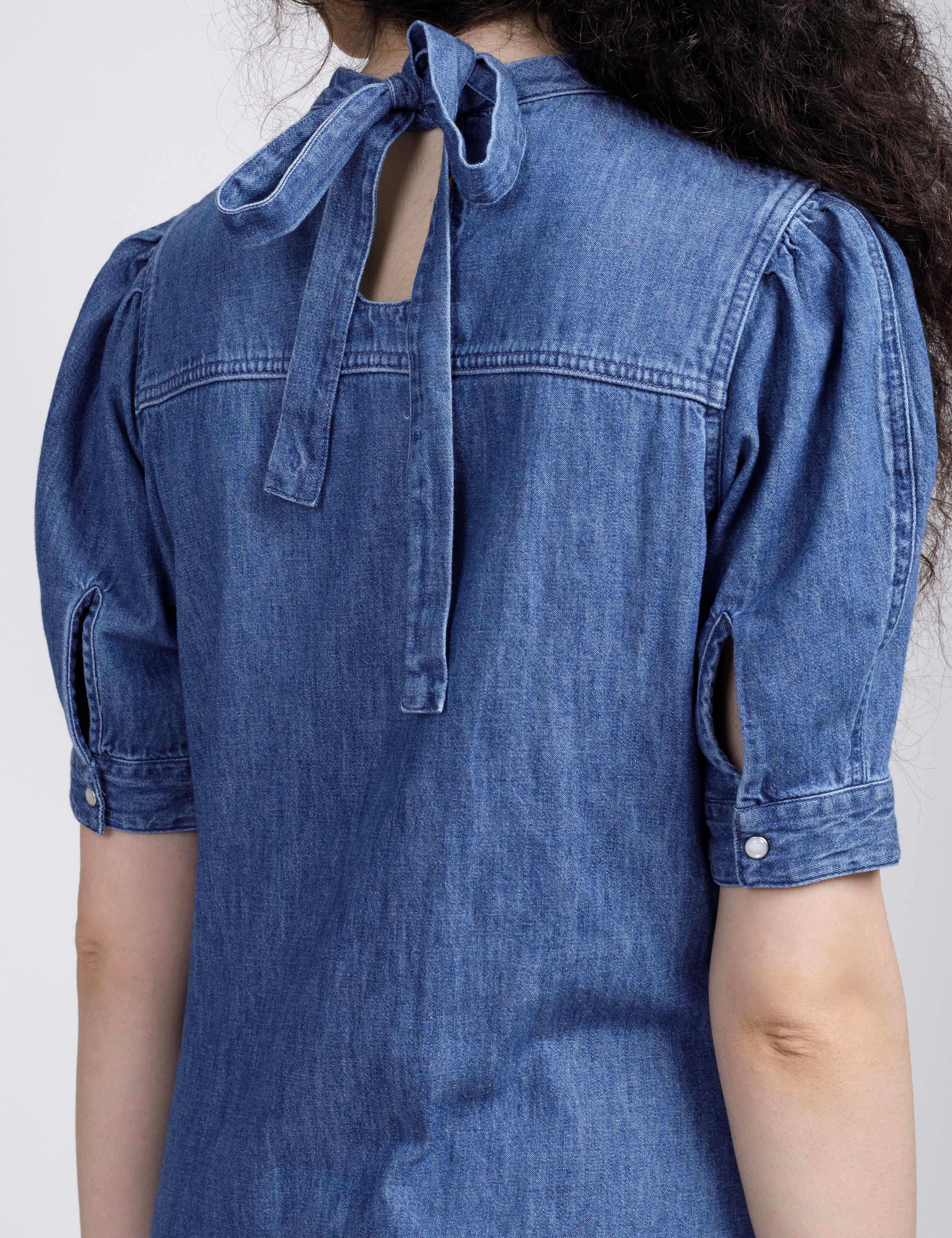 Women's Solid Blue Collar Neck Denim Dress - Image 7