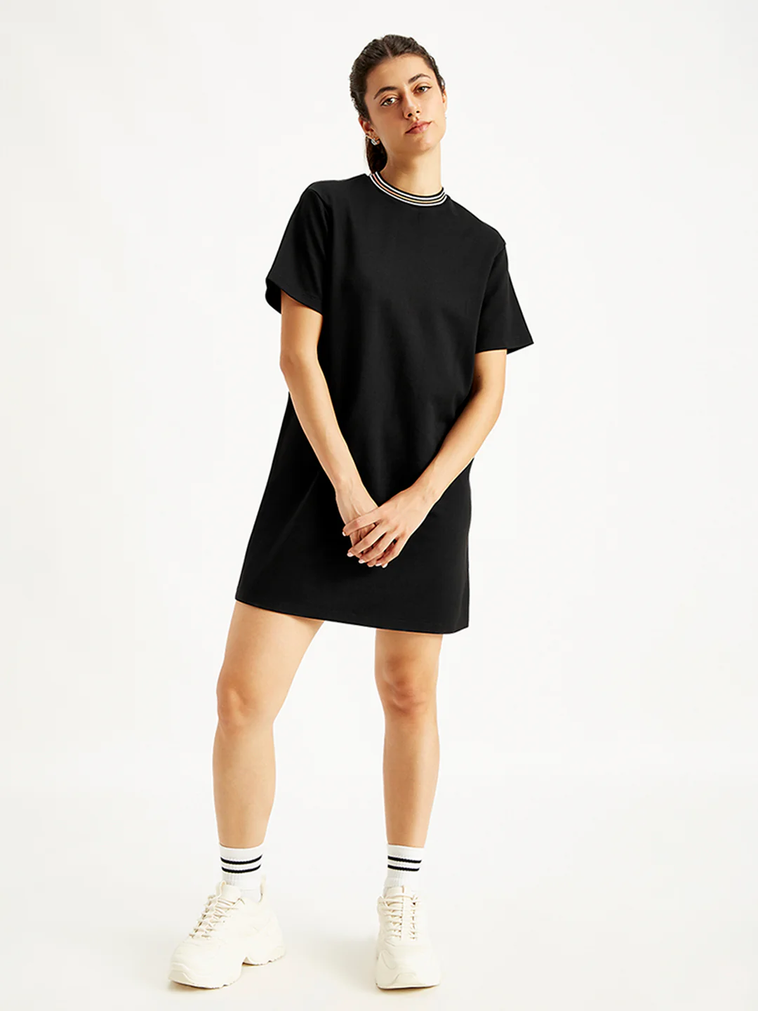 Women's Solid Black Crew Neck Dress - Image 2