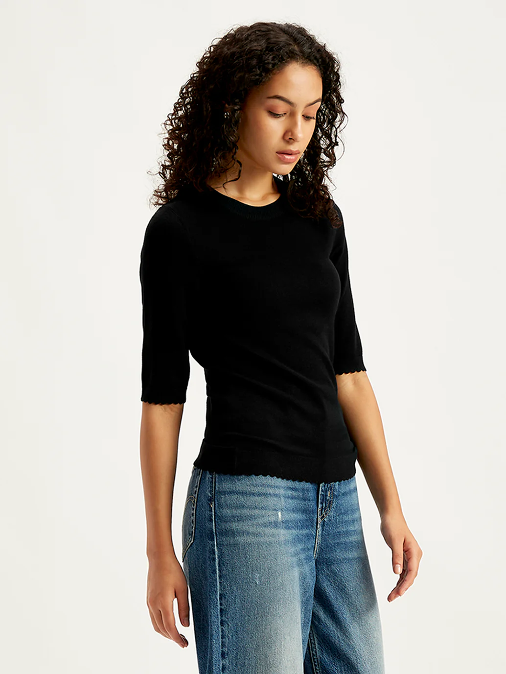 Women's Solid Black Crew Neck Sweater - Image 3