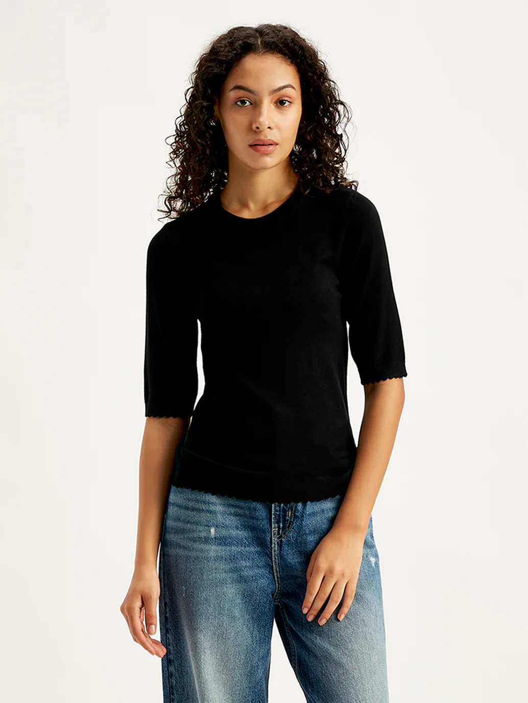 Women's Solid Black Crew Neck Sweater - Image 4