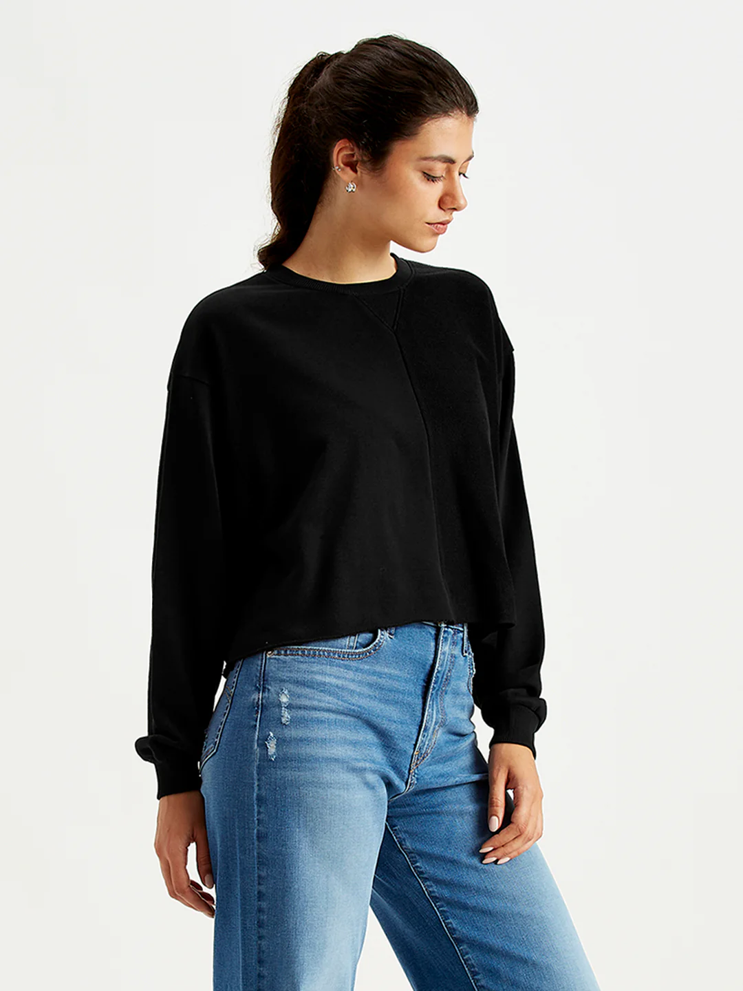 Women's Solid Black Crew Neck Sweatshirt - Image 3
