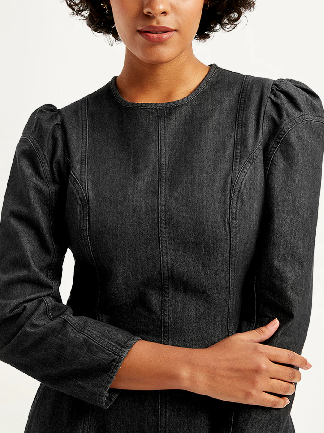Women's Solid Black Round Neck Denim Dress - Image 4