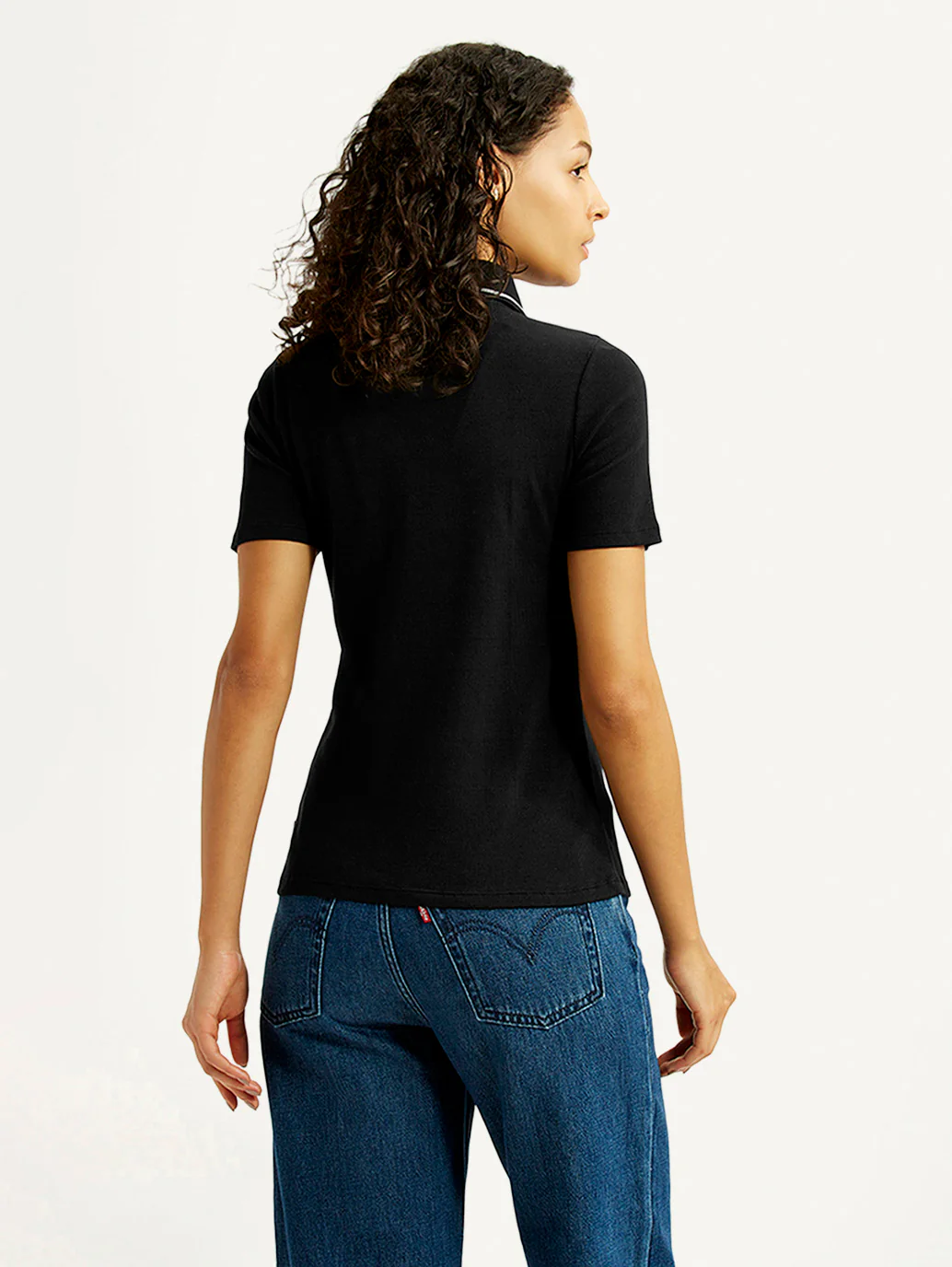 Women's Solid Black Slim Fit Polo Ribbed T-shirt - Image 3
