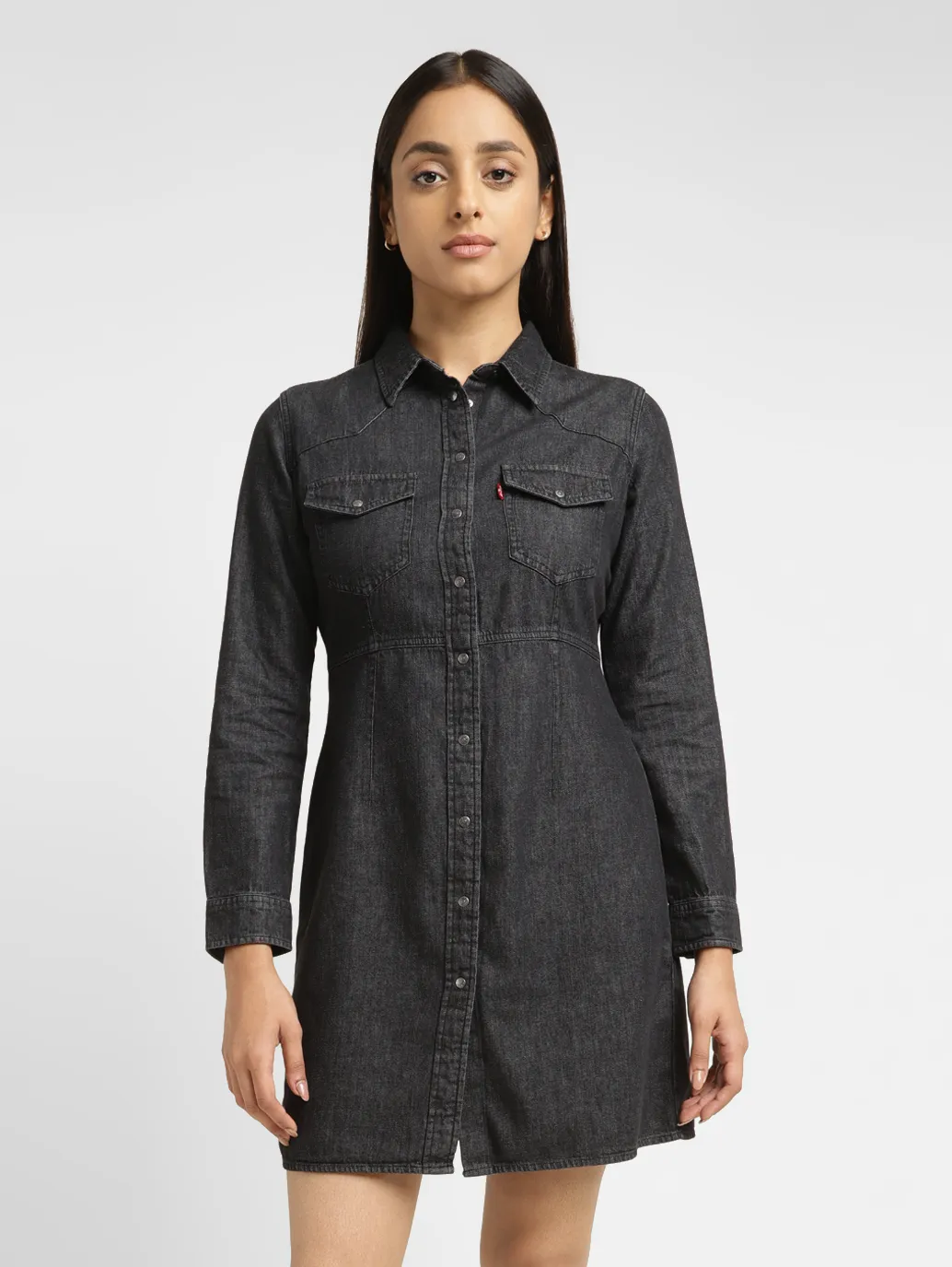 Women's Solid Black Spread Collar Dress - Image 2