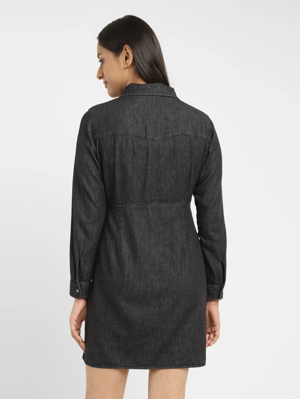 Women's Solid Black Spread Collar Dress - Image 3