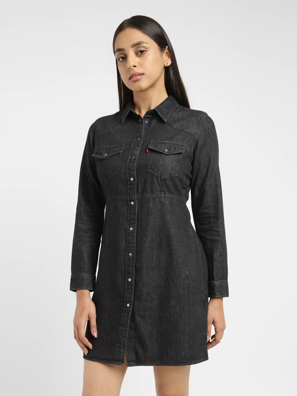Women's Solid Black Spread Collar Dress - Image 4