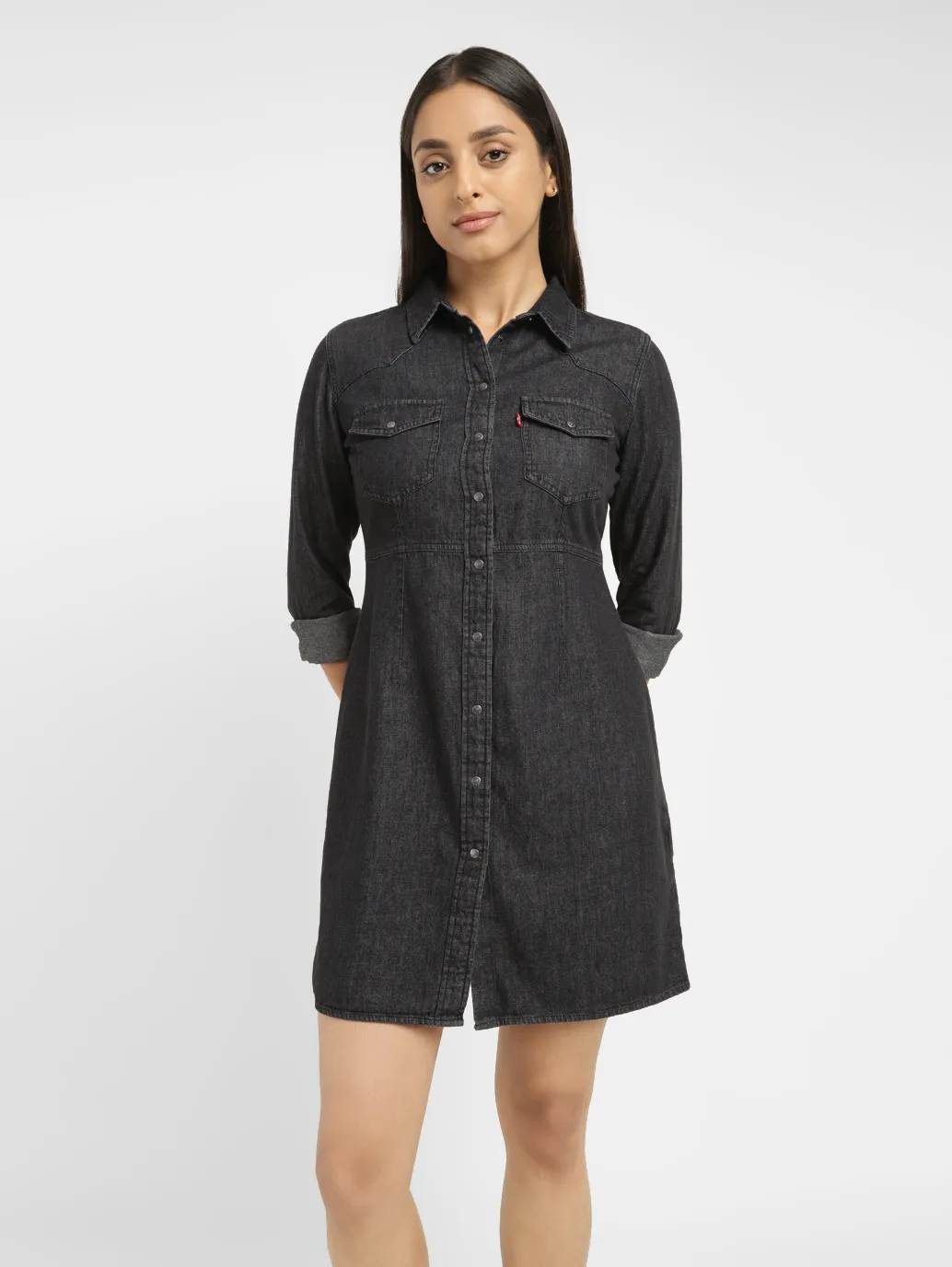 Women's Solid Black Spread Collar Dress - Image 6
