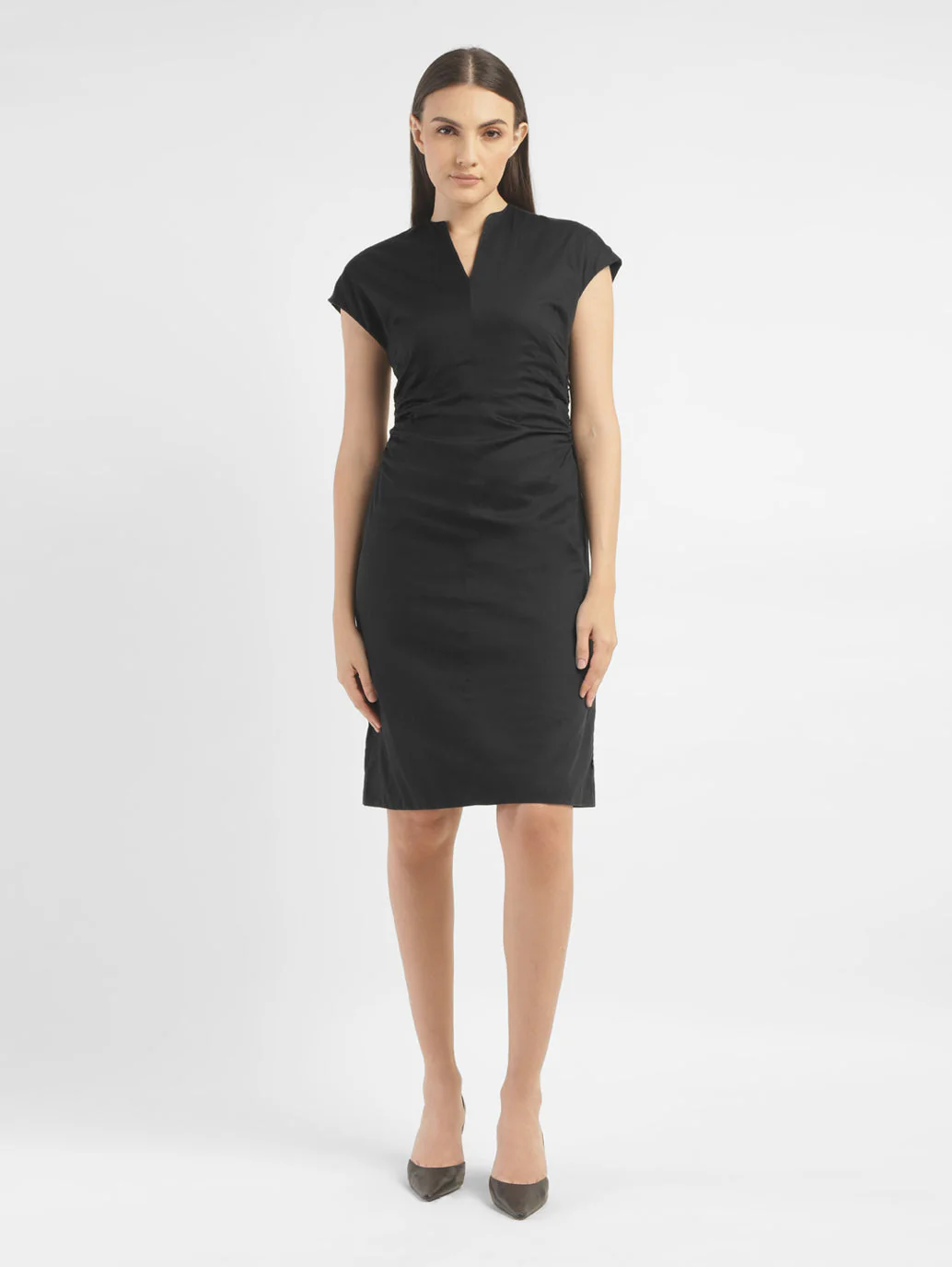 Women's Solid Black V Neck Dress - Image 2
