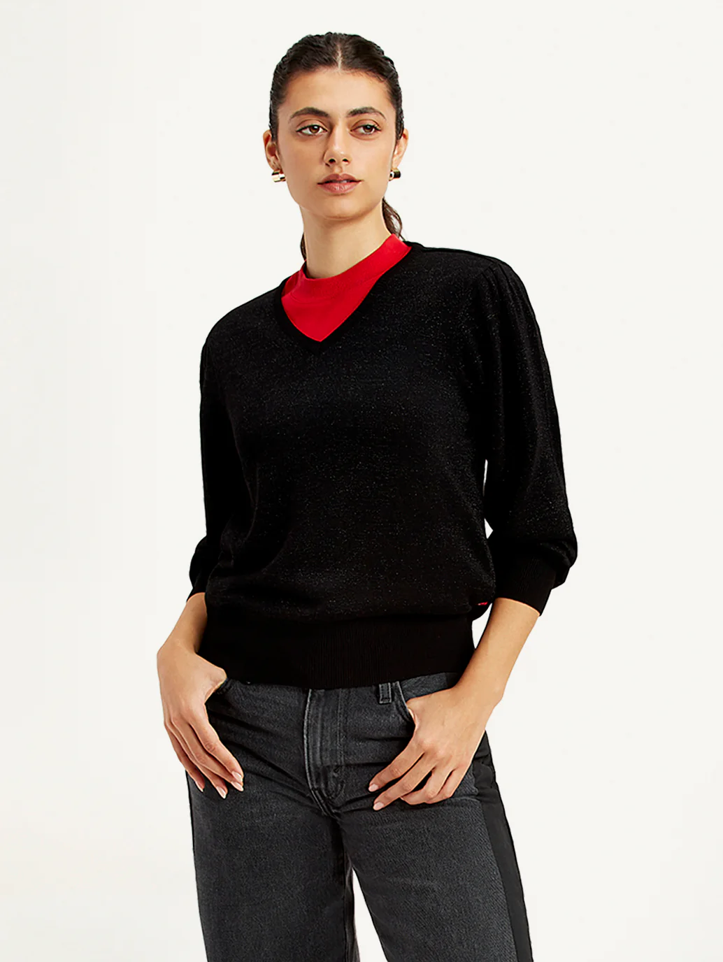 Women's Solid Black V Neck Sweater