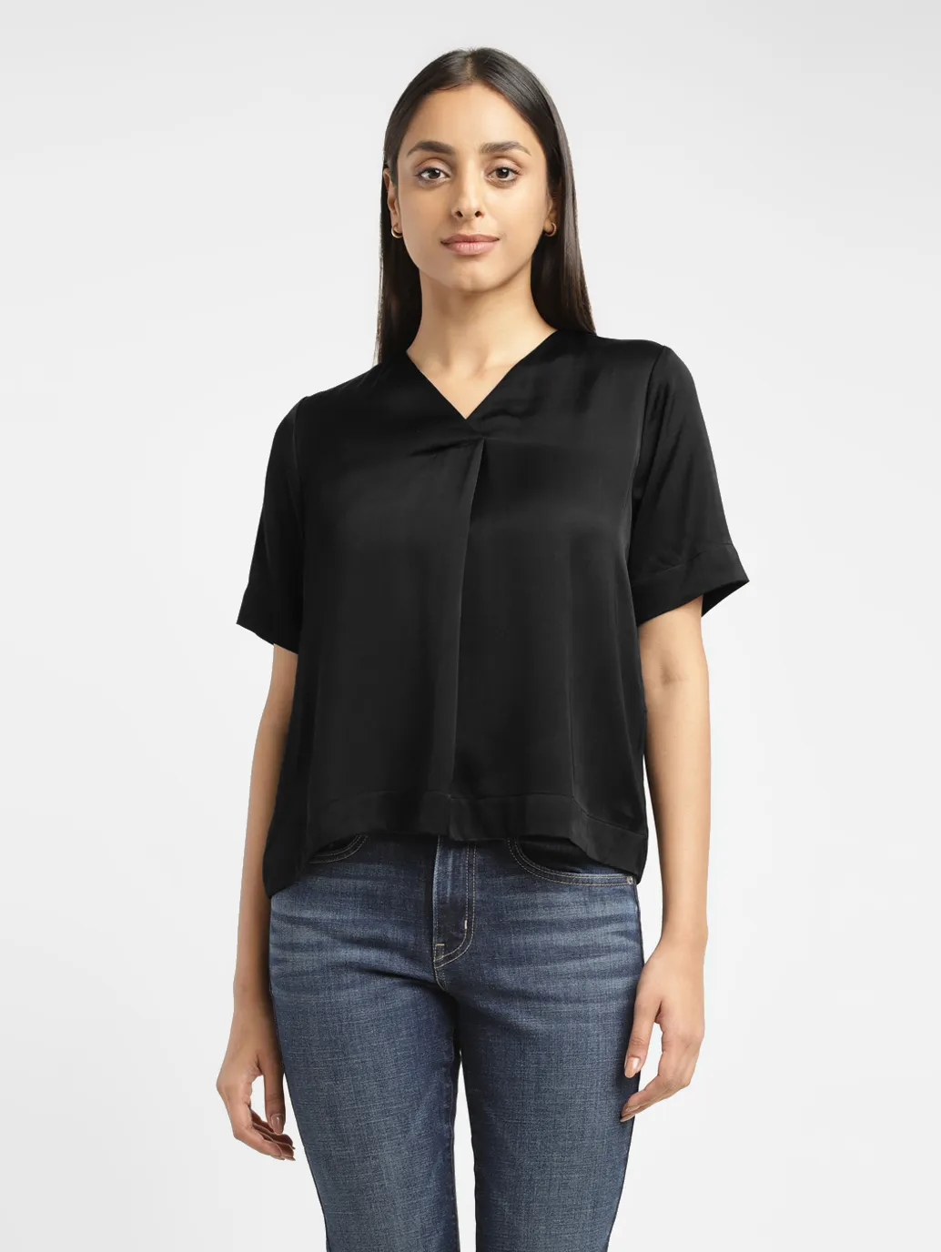 Women's Solid Black V Neck Top - Image 2