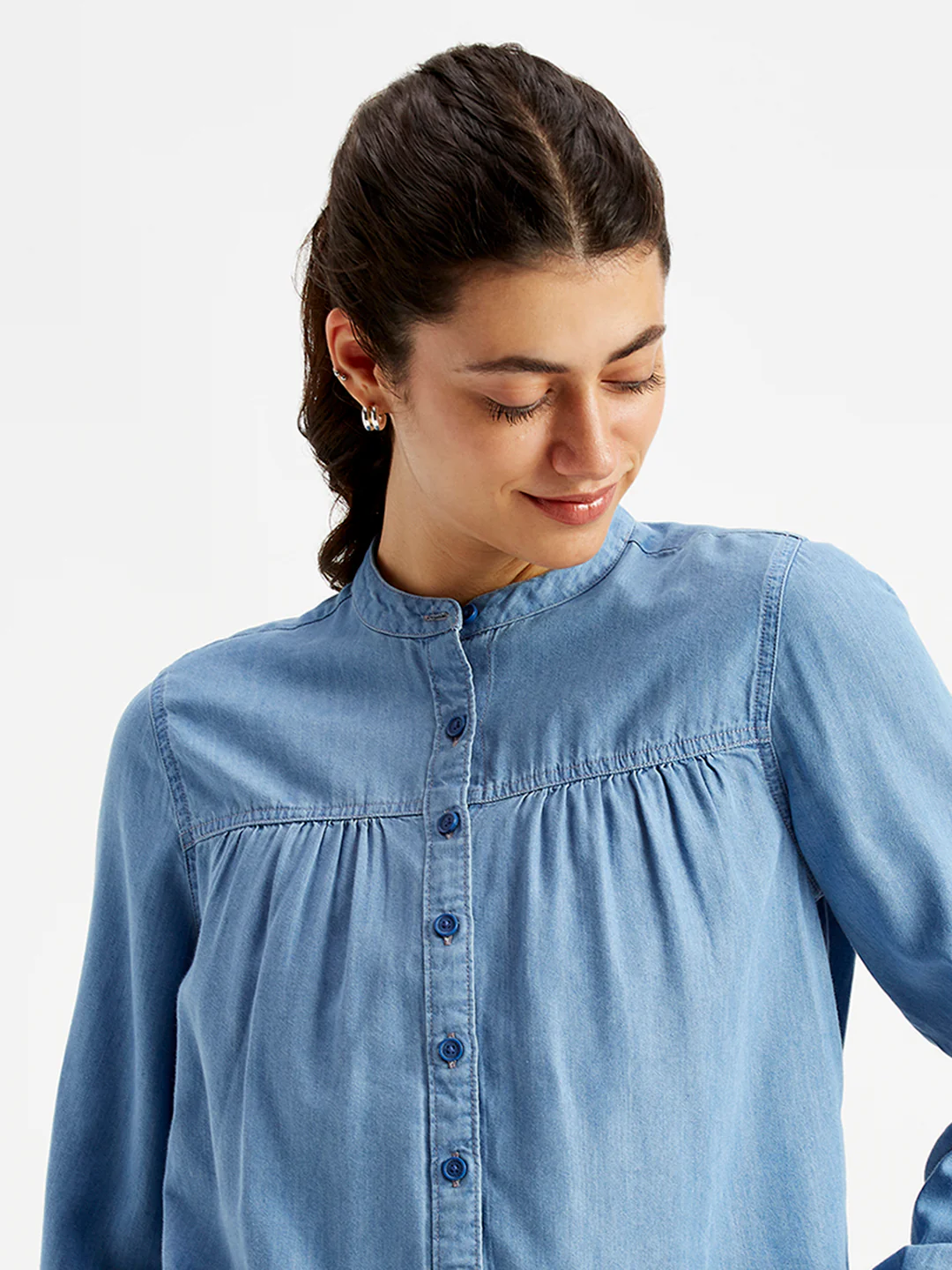 Women's Solid Blue Band Neck Top - Image 4