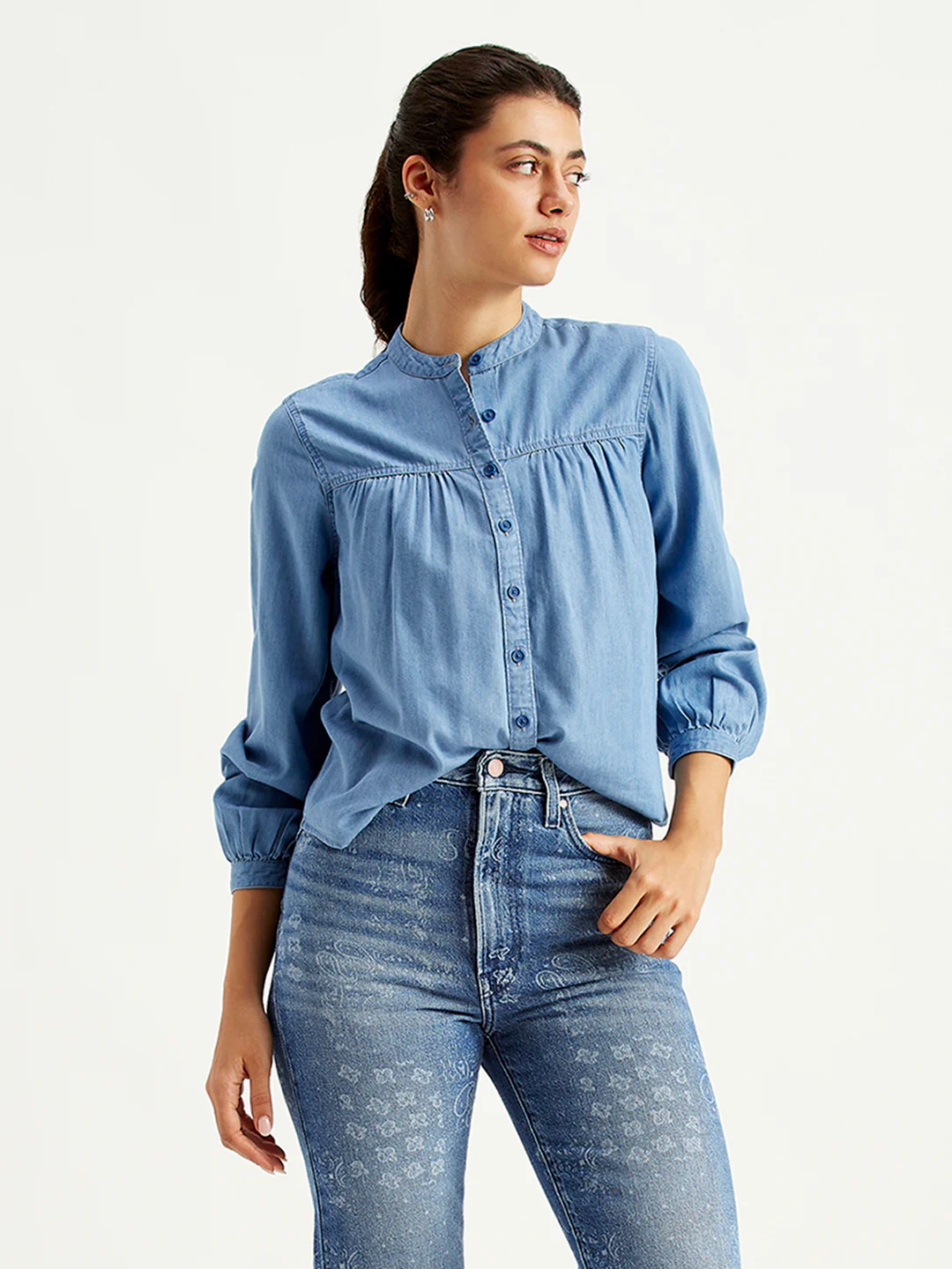 Women's Solid Blue Band Neck Top - Image 5