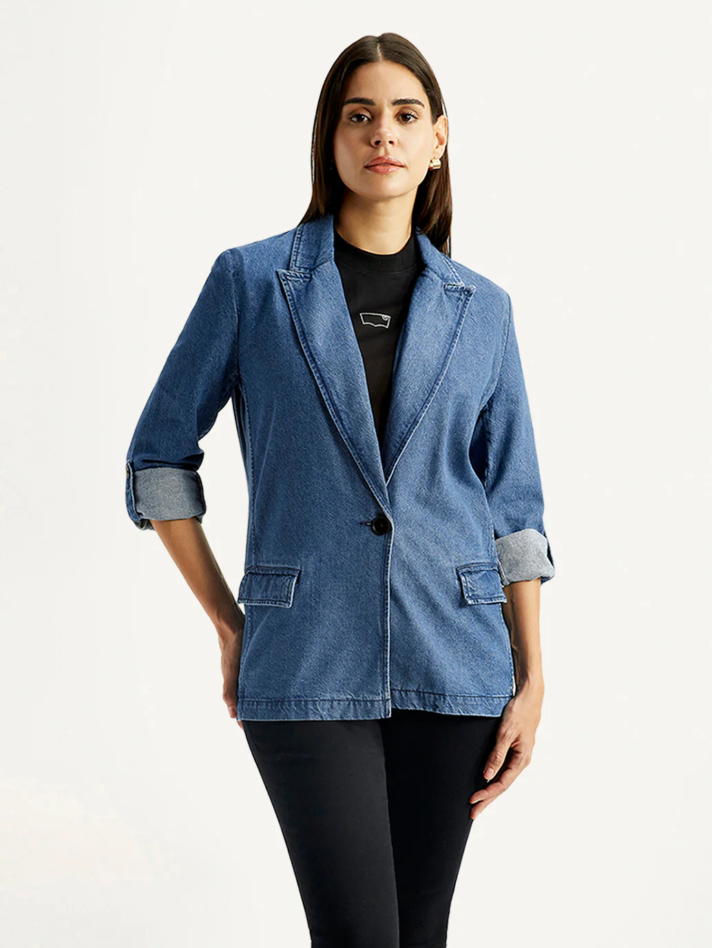 Women's Solid Blue Blazer - Image 2