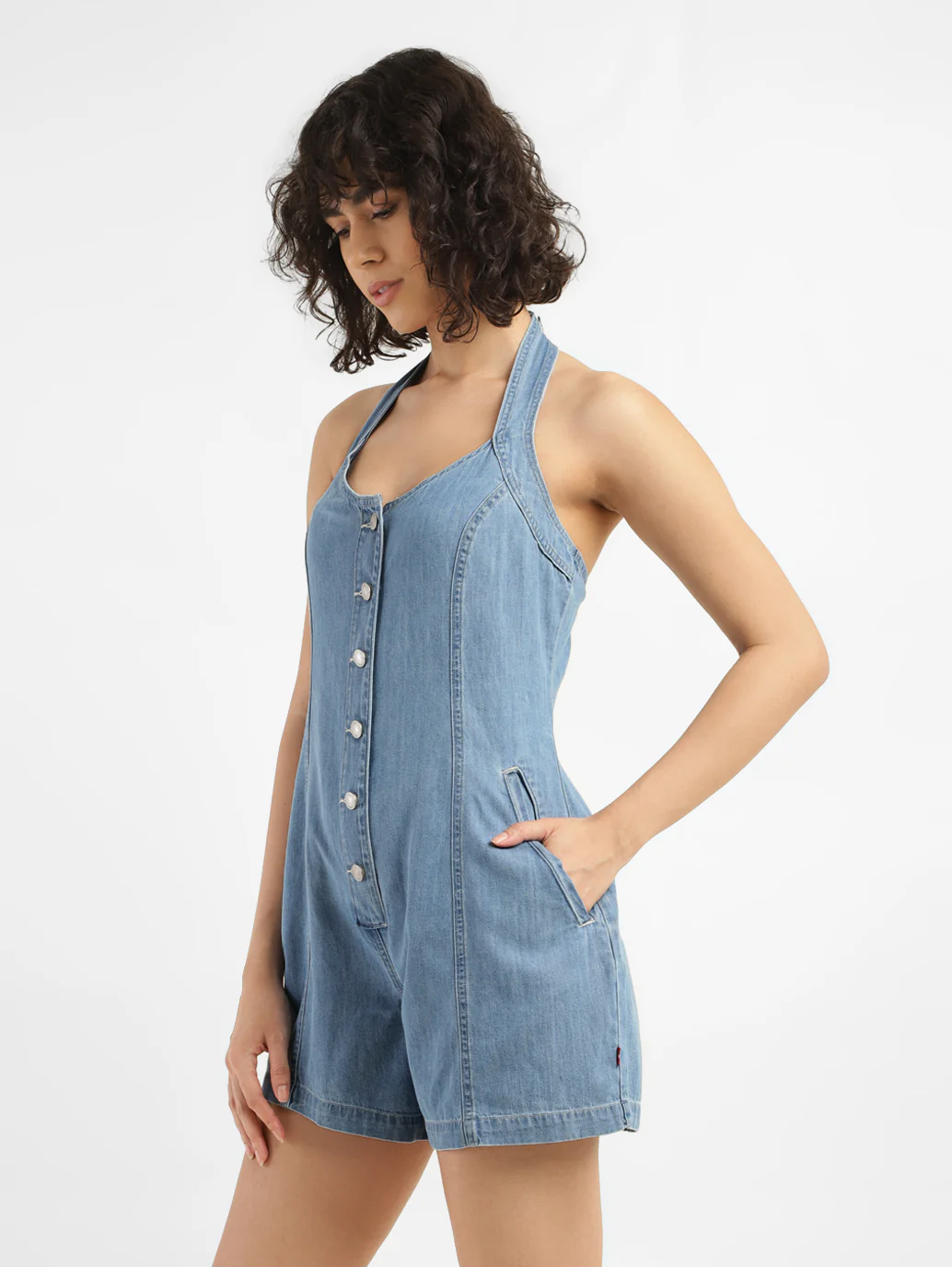 Women's Solid Blue Romper Denim Dress - Image 3