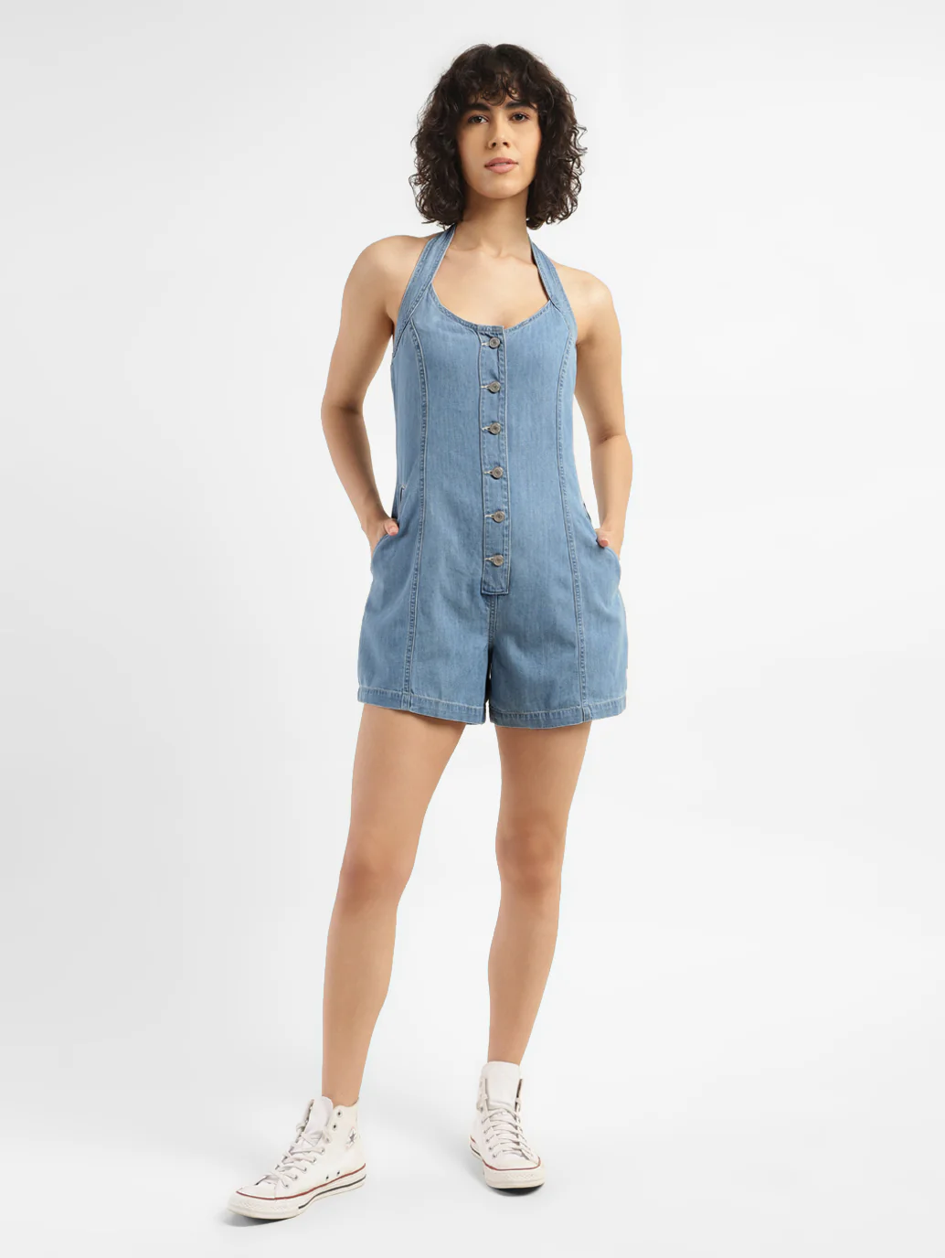 Women's Solid Blue Romper Denim Dress - Image 5