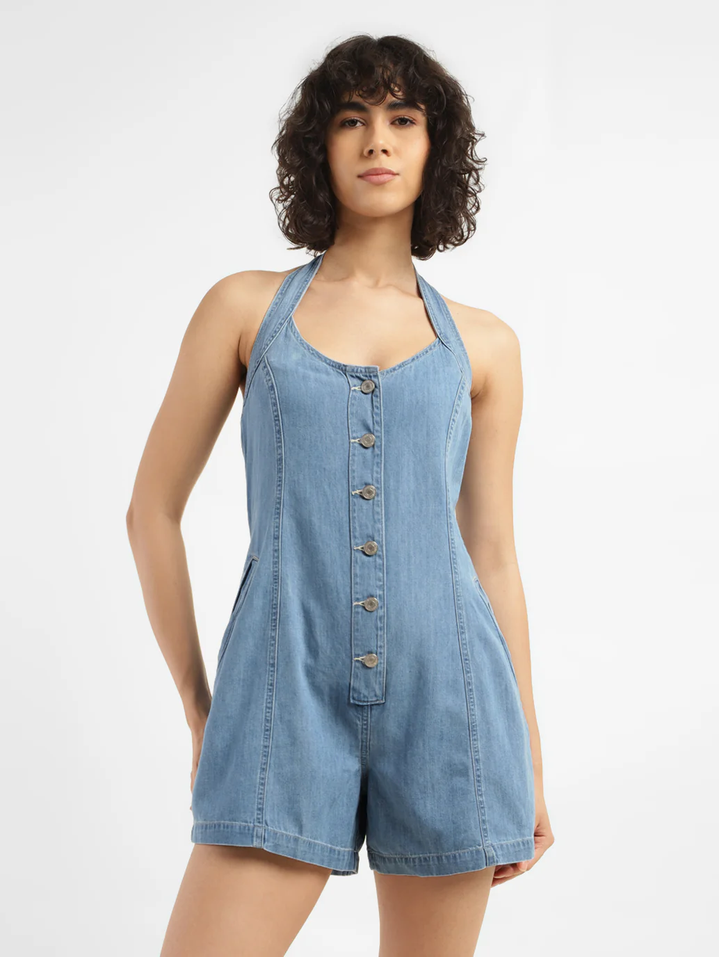 Women's Solid Blue Romper Denim Dress - Image 6