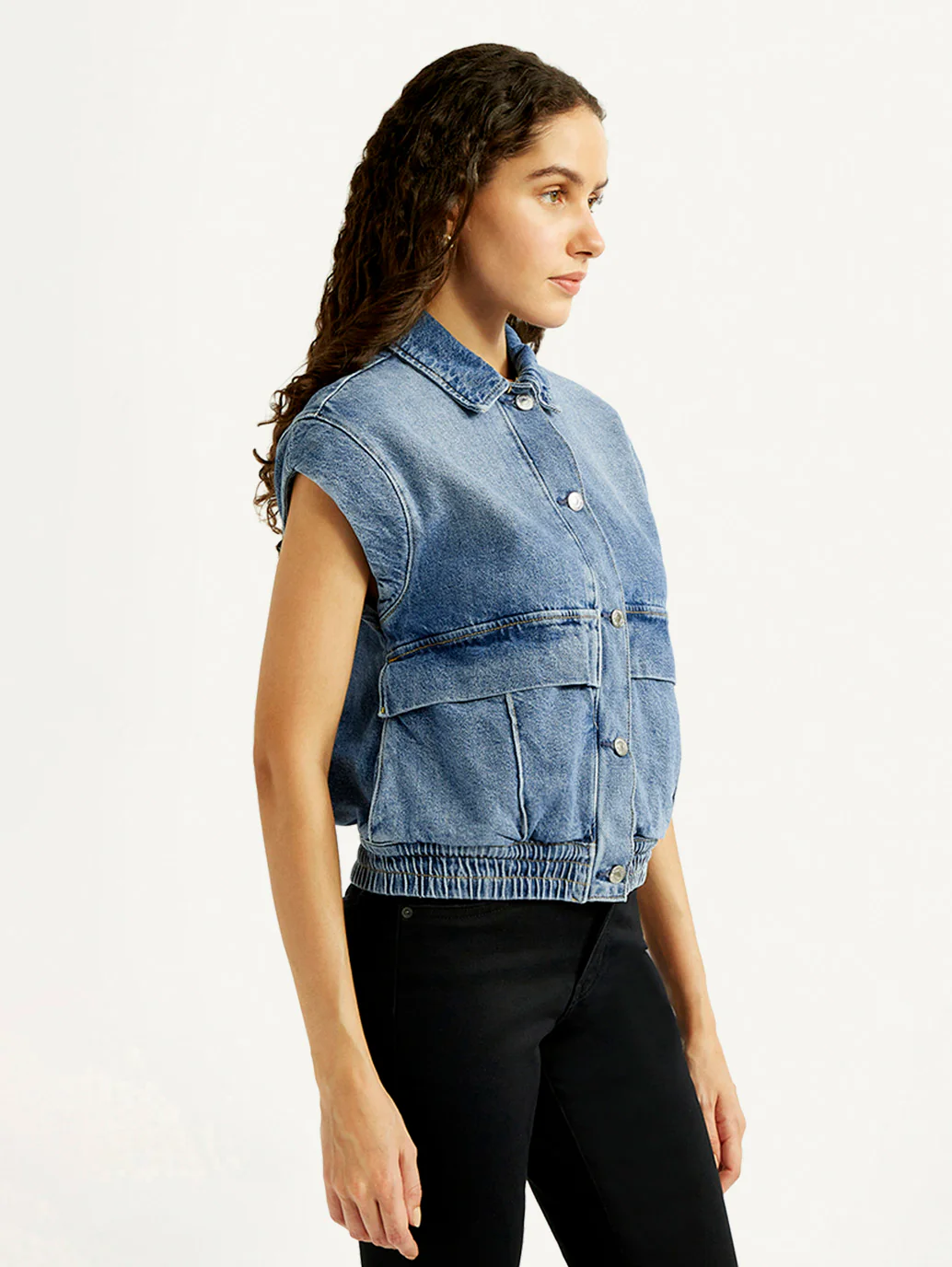Women's Solid Blue Denim Jacket - Image 4