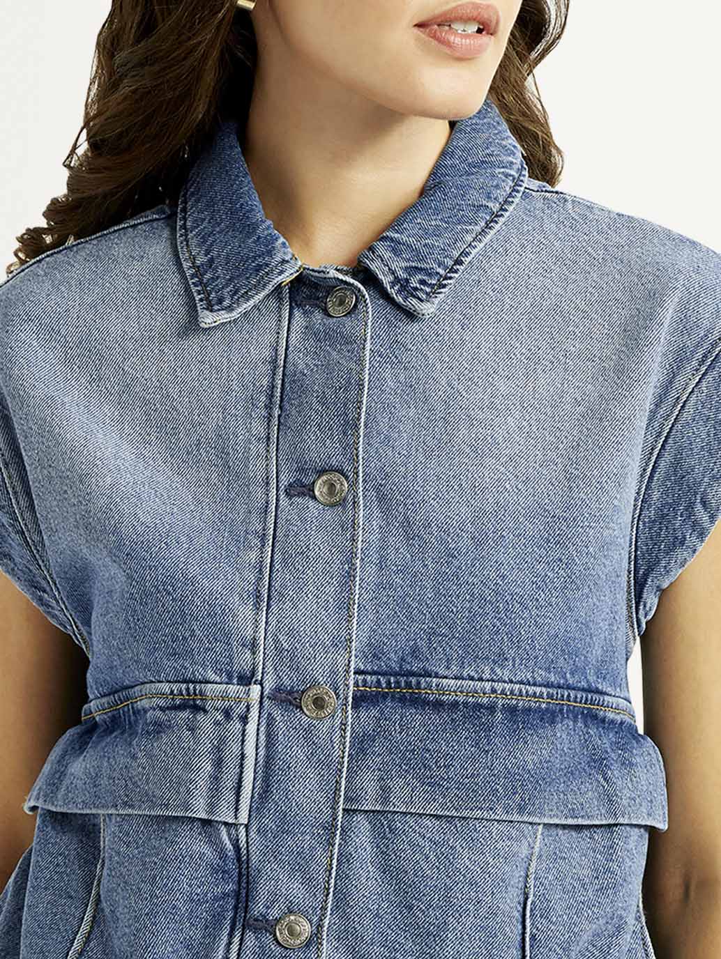 Women's Solid Blue Denim Jacket - Image 5