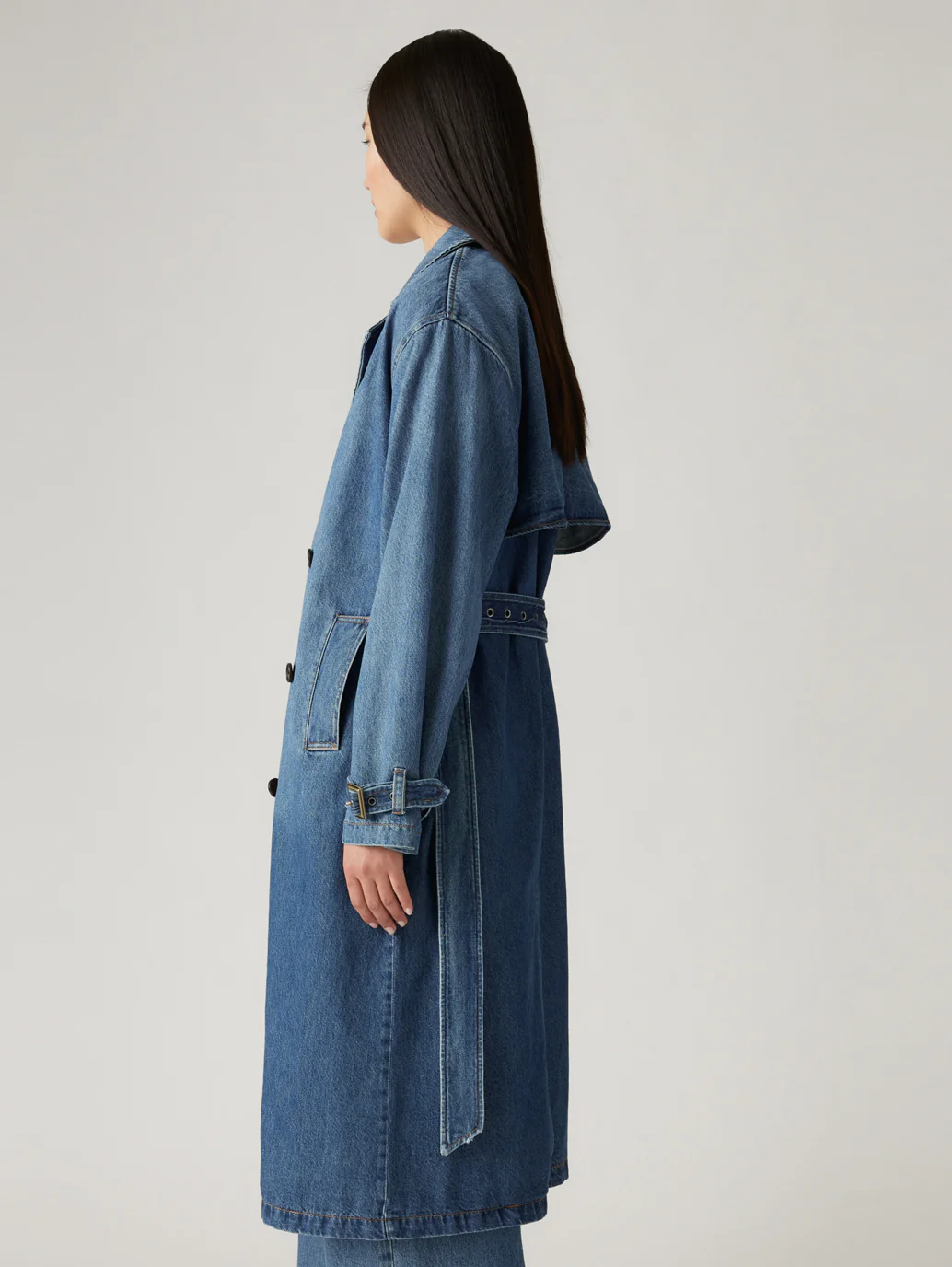 Women's Solid Blue Denim Trench Coat - Image 3