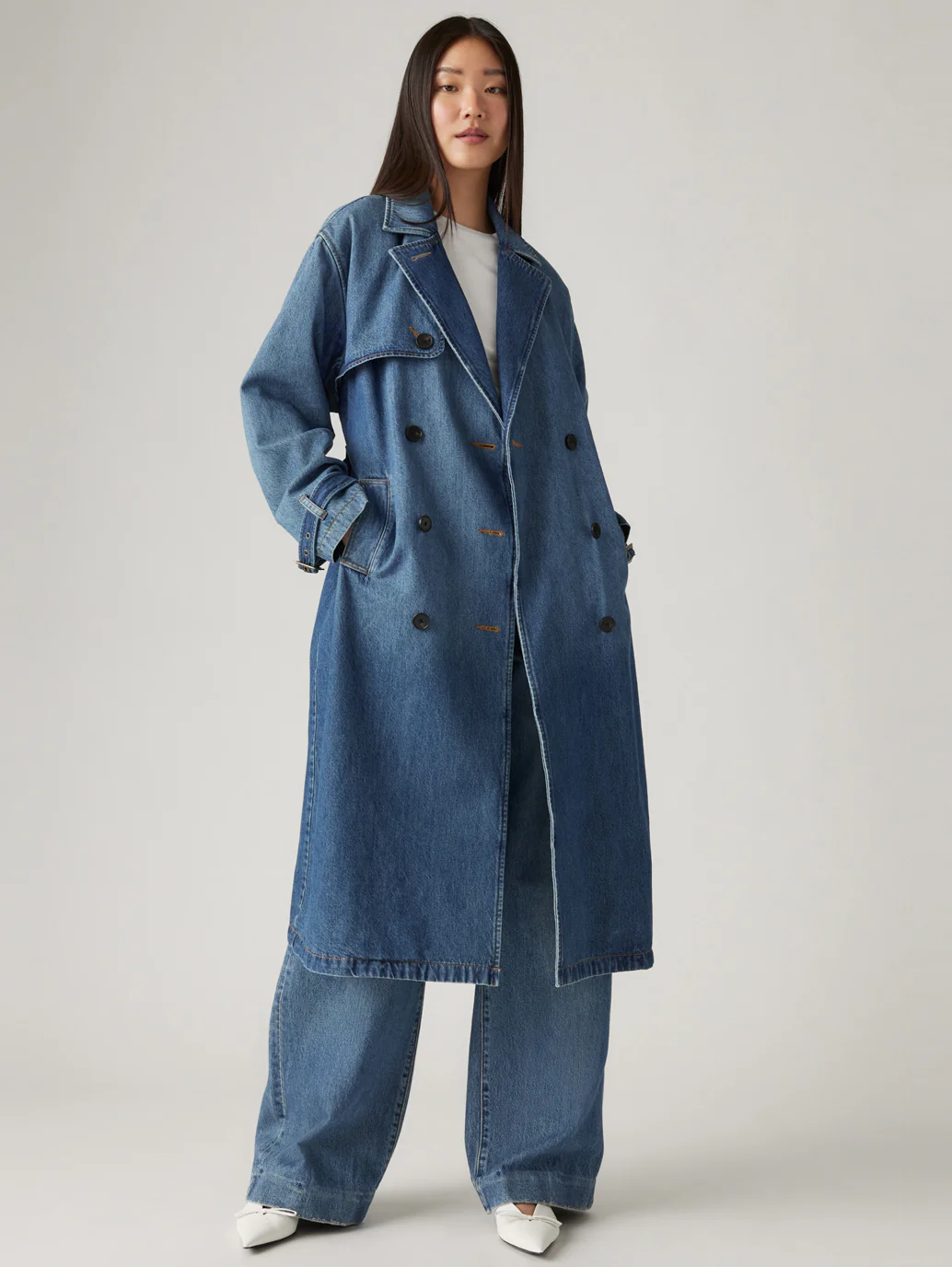 Women's Solid Blue Denim Trench Coat - Image 5