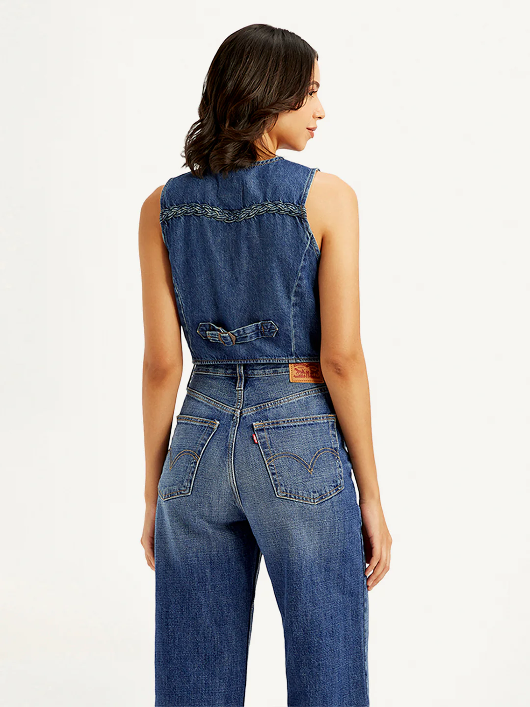 Women's Solid Blue Denim Waistcoat - Image 2