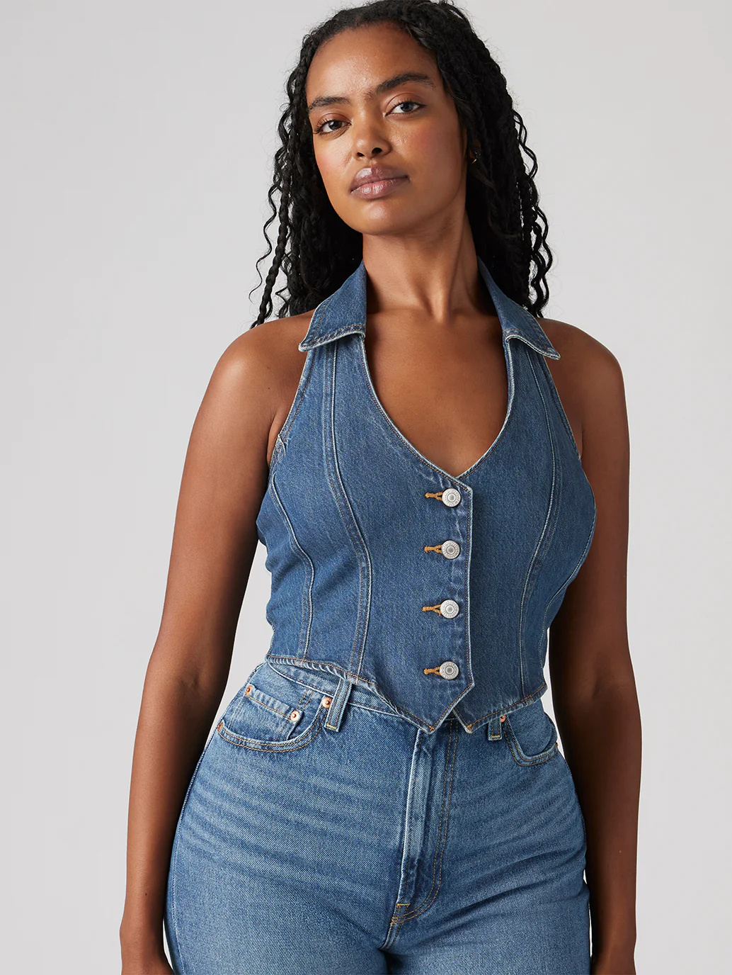Women's Solid Blue Halter Neck Denim Corset Top - Image 2