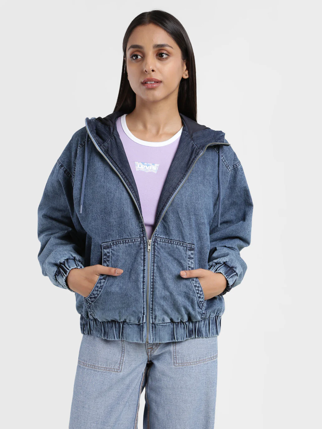 Women's Solid Blue Hooded Tailored Jacket - Image 2