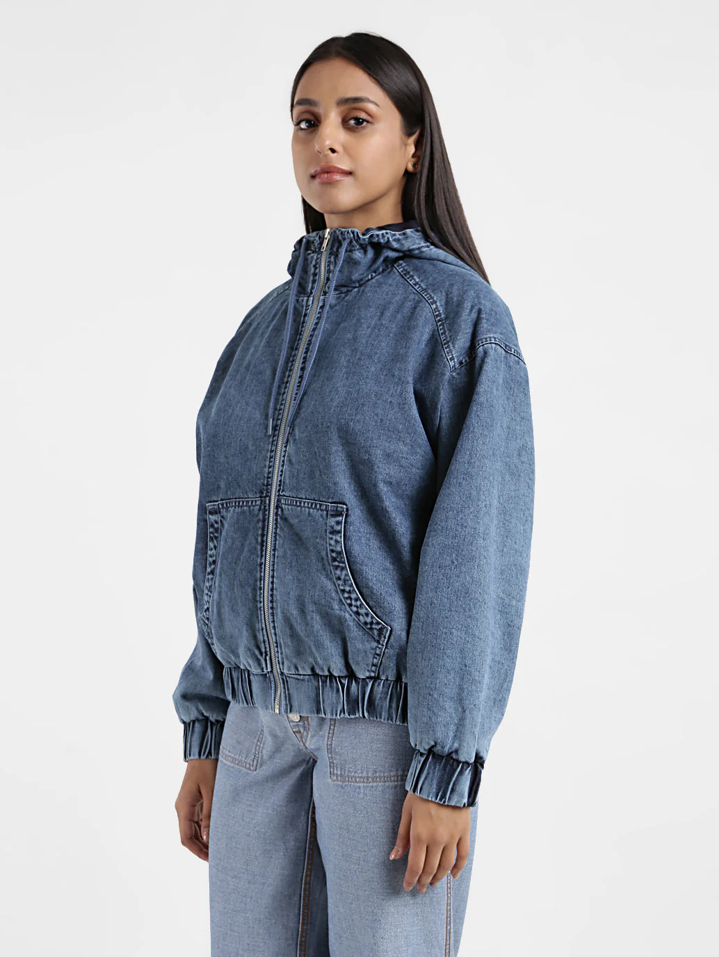 Women's Solid Blue Hooded Tailored Jacket - Image 4
