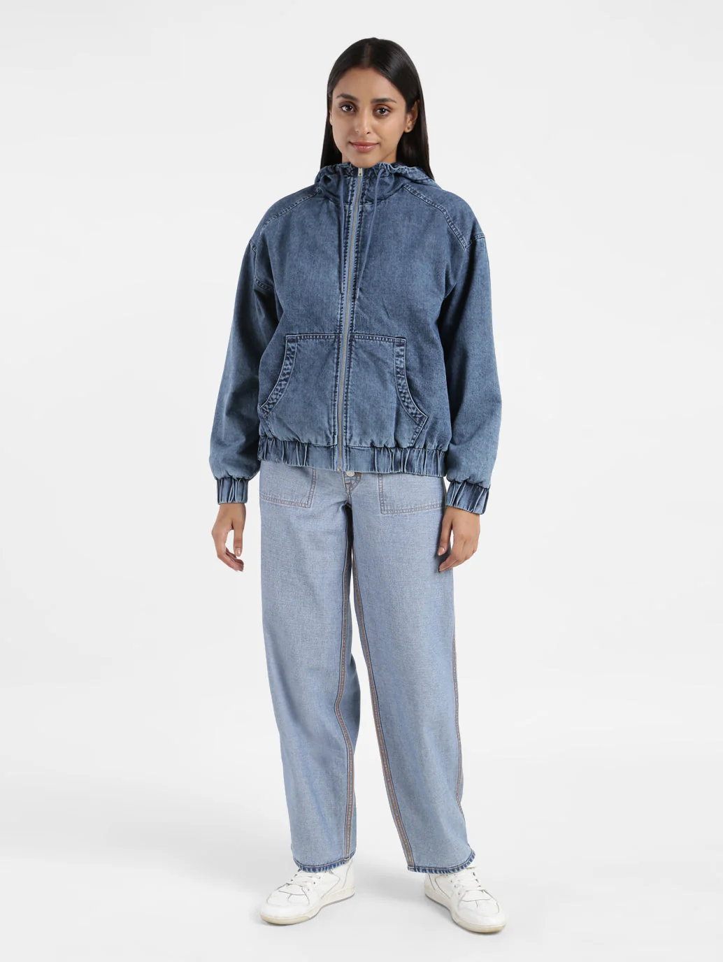 Women's Solid Blue Hooded Tailored Jacket - Image 6