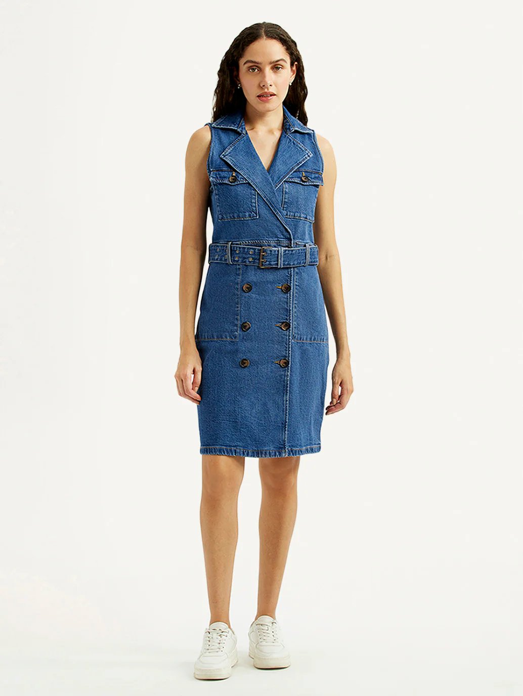 Women's Solid Blue Notched Lapel Dress - Image 2