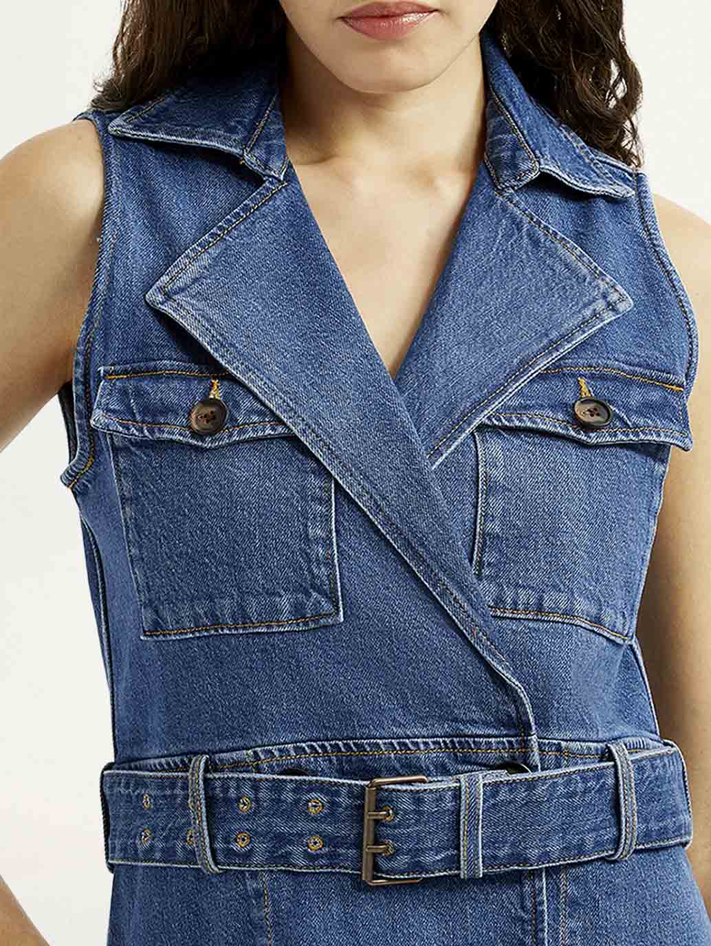 Women's Solid Blue Notched Lapel Dress - Image 4