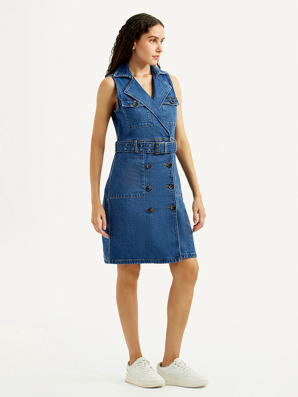Women's Solid Blue Notched Lapel Dress - Image 5