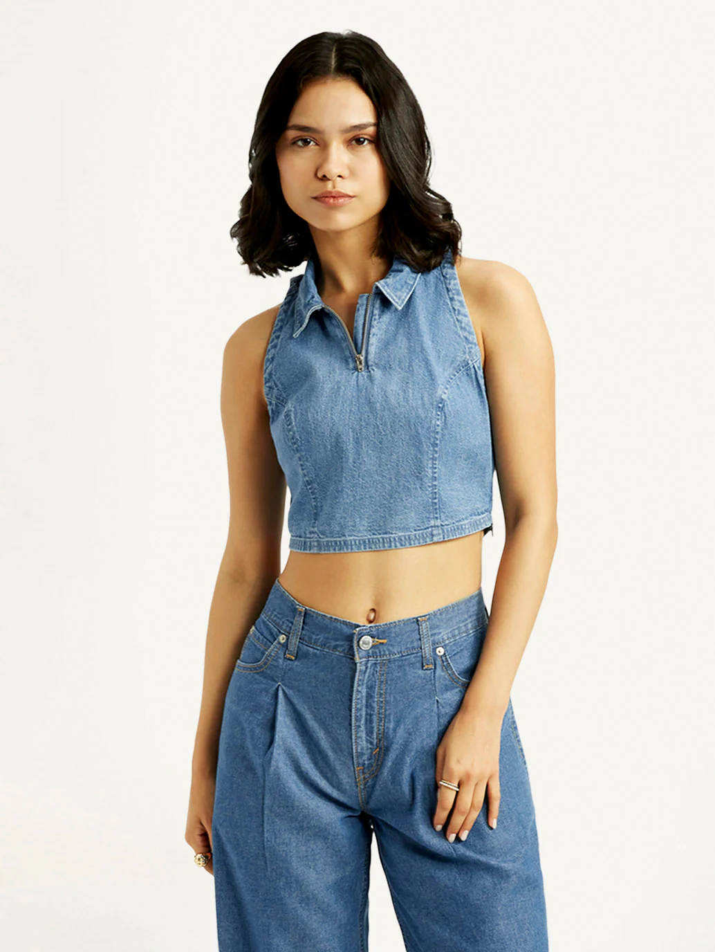 Women's Solid Blue Polo Collar Denim Crop Top - Image 2