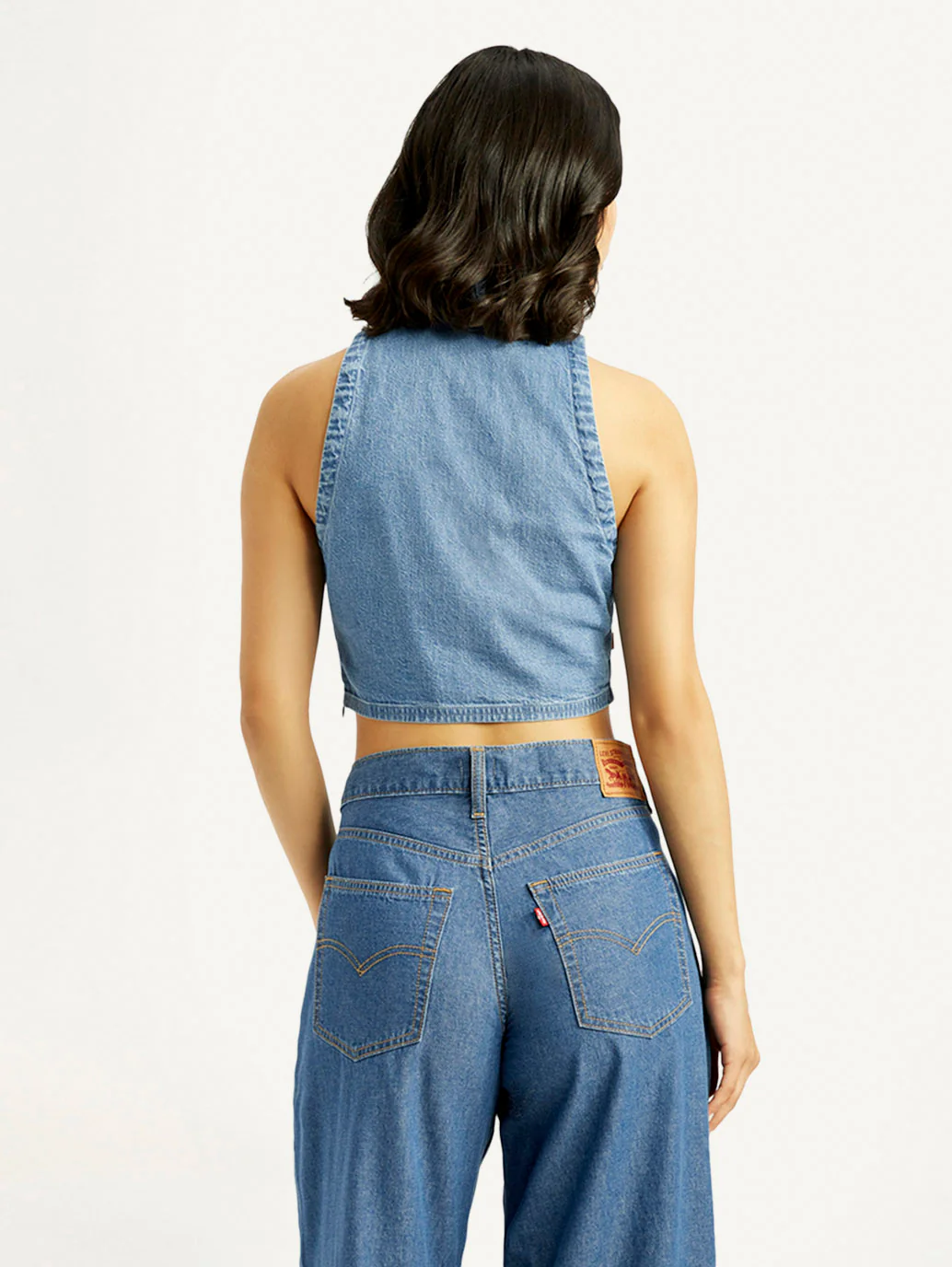 Women's Solid Blue Polo Collar Denim Crop Top - Image 3