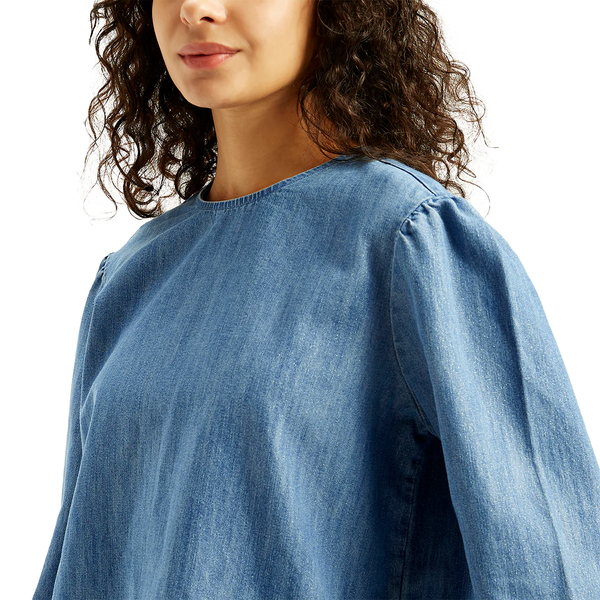Women's Solid Blue Round Neck Denim Top - Image 3
