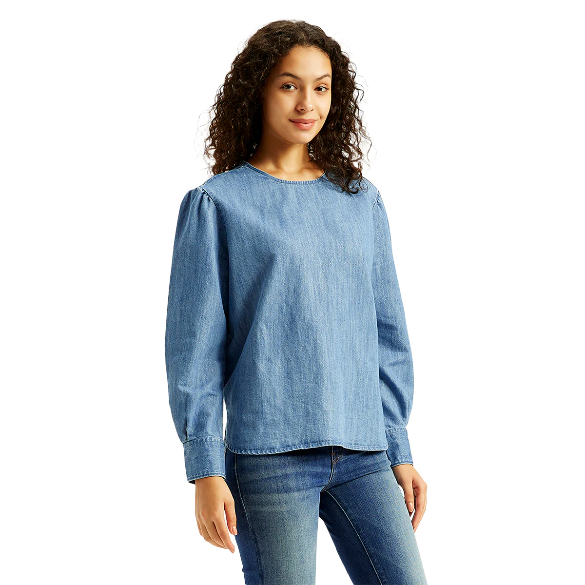 Women's Solid Blue Round Neck Denim Top - Image 4