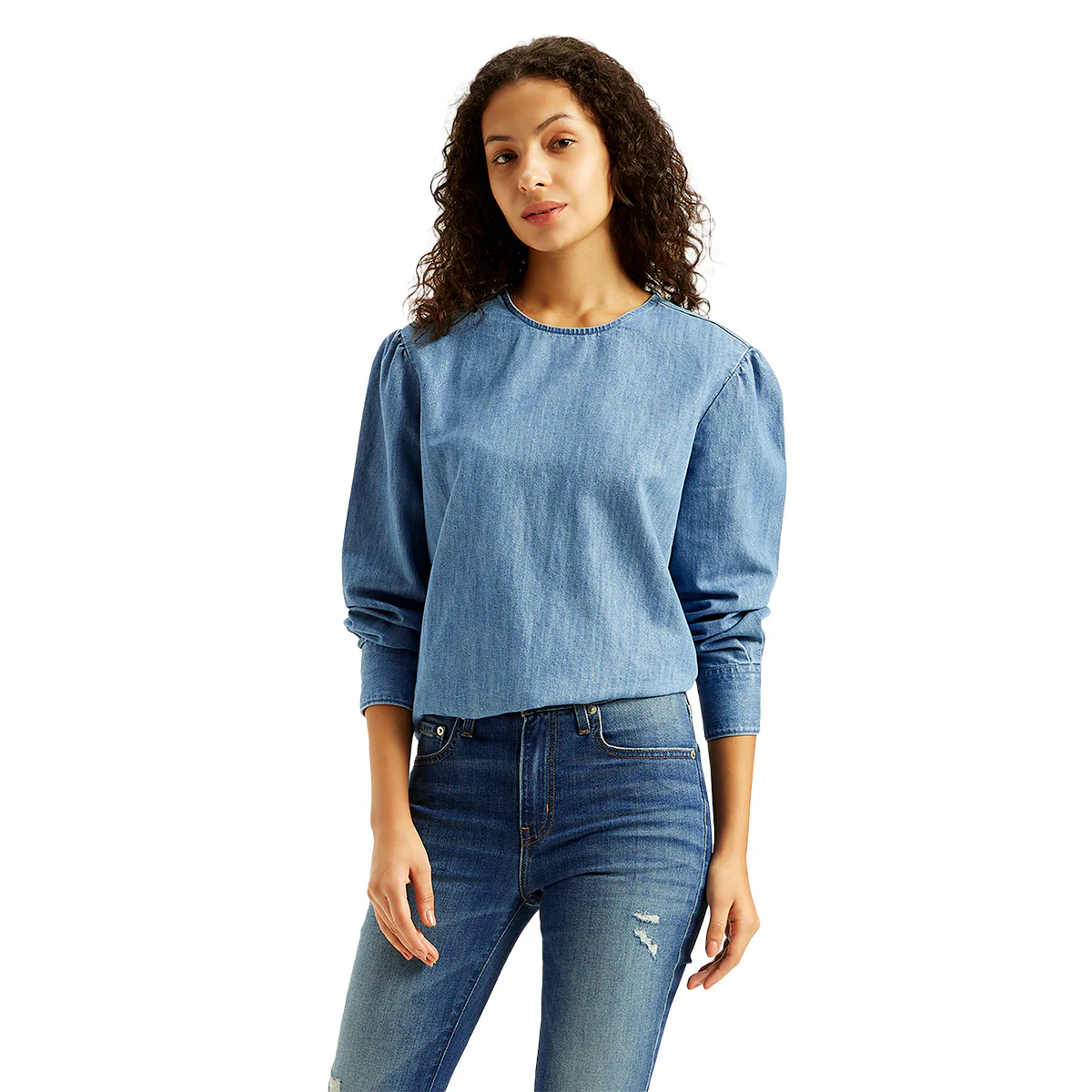 Women's Solid Blue Round Neck Denim Top - Image 5