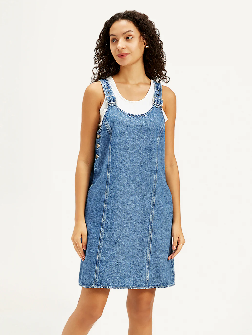 Women's Solid Blue Scoop Neck Denim Dress - Image 2