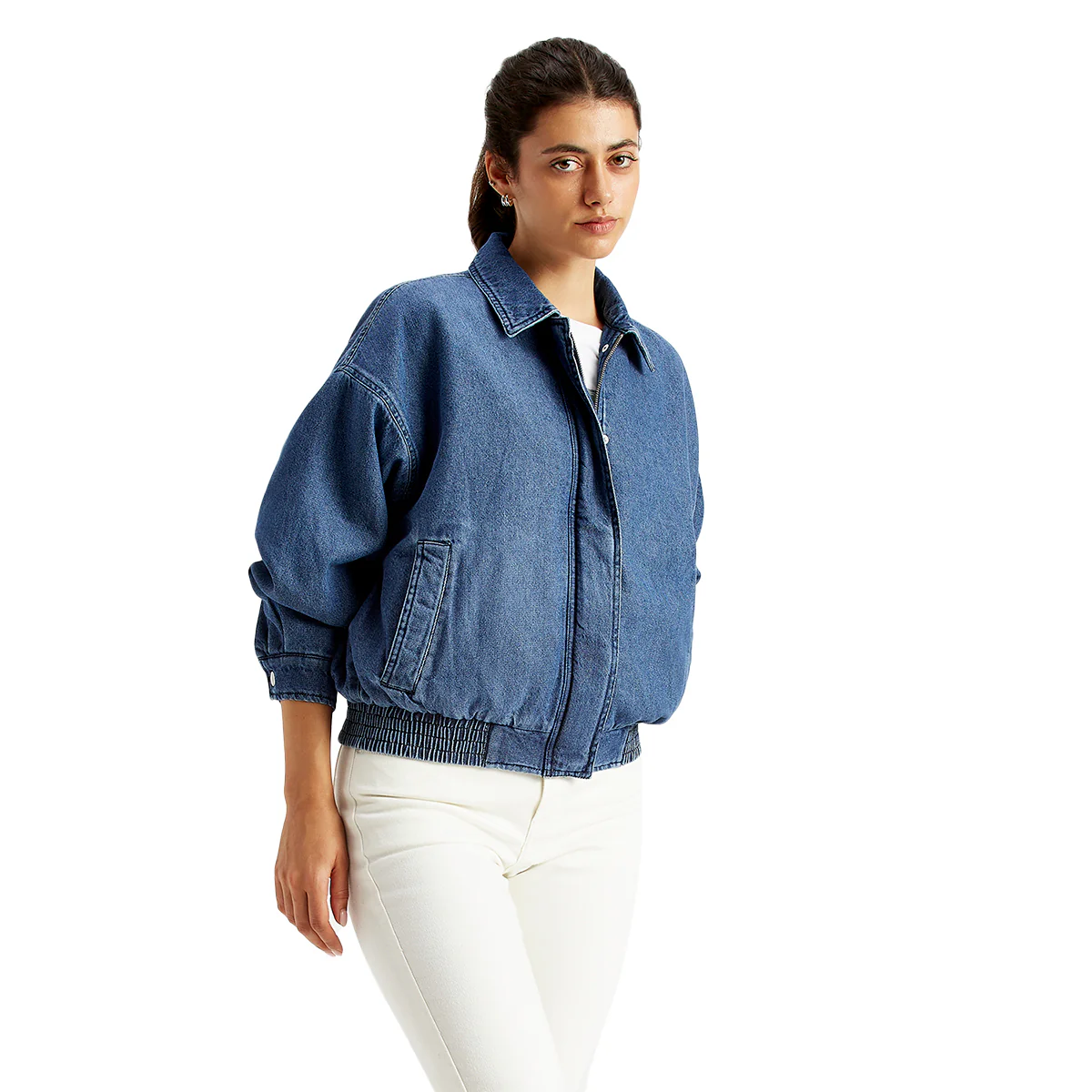 Women's Solid Blue Spread Collar Jacket - Image 3