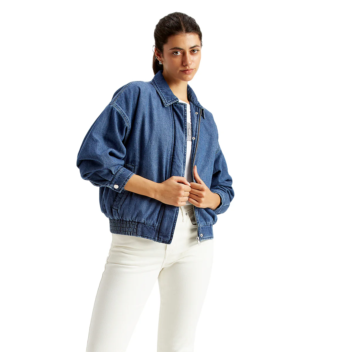 Women's Solid Blue Spread Collar Jacket - Image 5