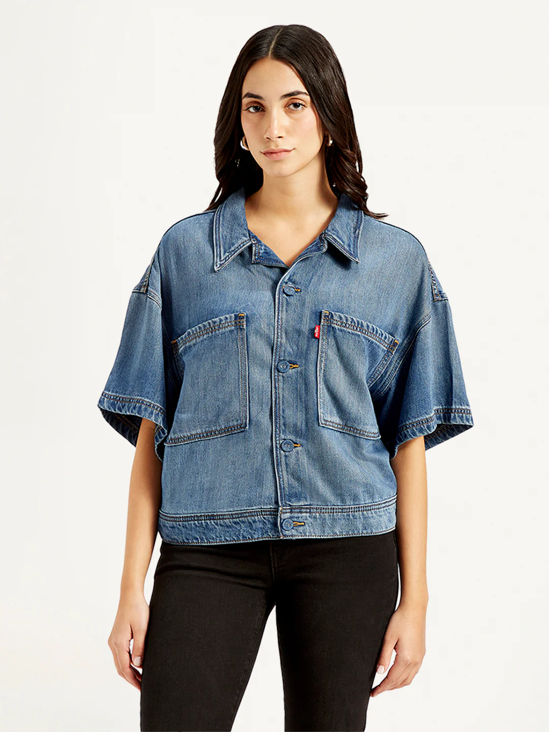 Women's Solid Blue Spread Collar Denim Trucker Jacket - Image 2