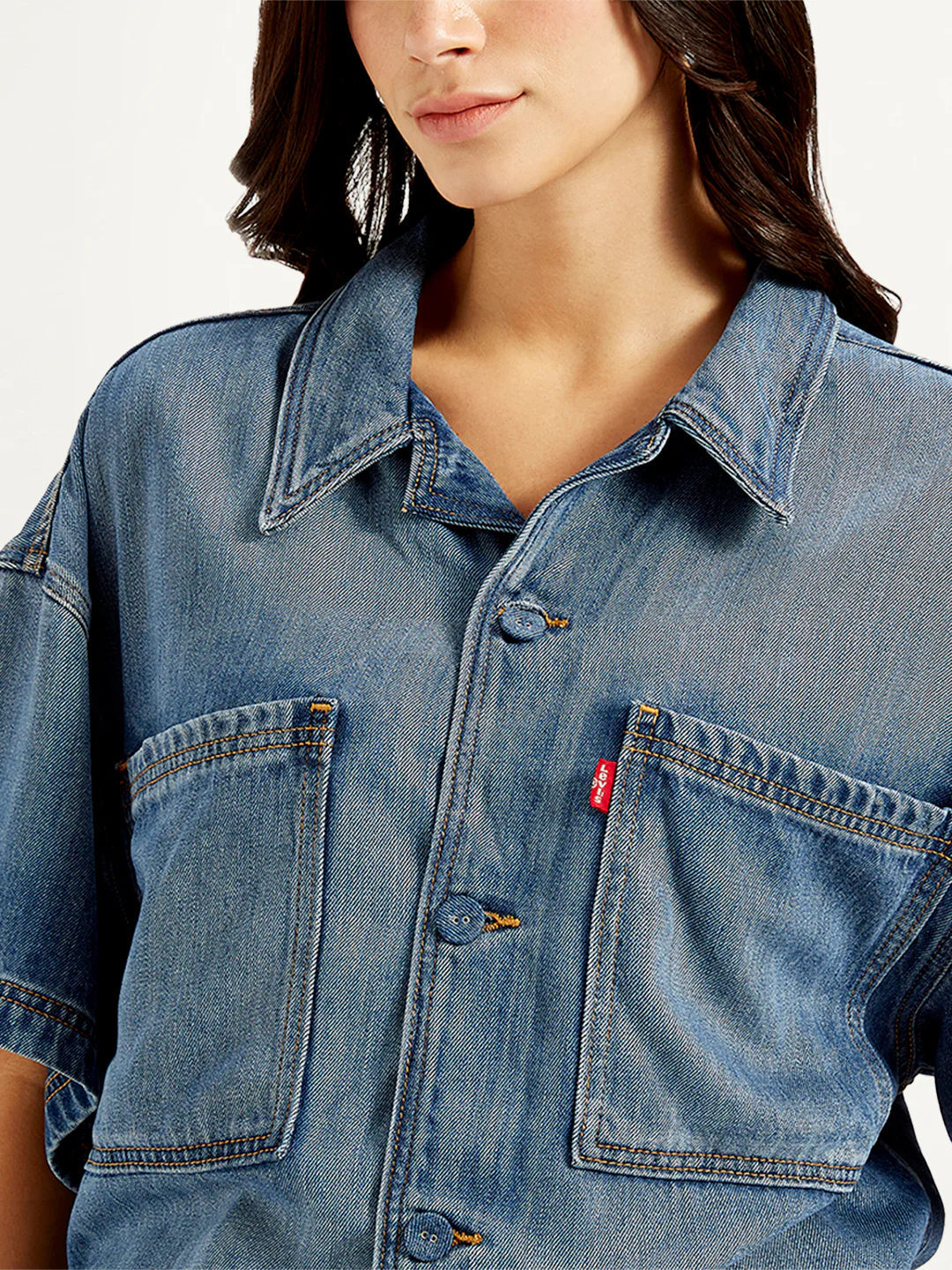 Women's Solid Blue Spread Collar Denim Trucker Jacket - Image 5