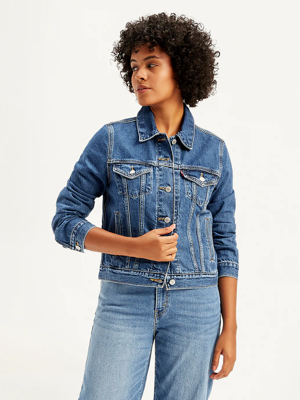 Women's Solid Blue Spread Collar Denim Jacket - Image 2
