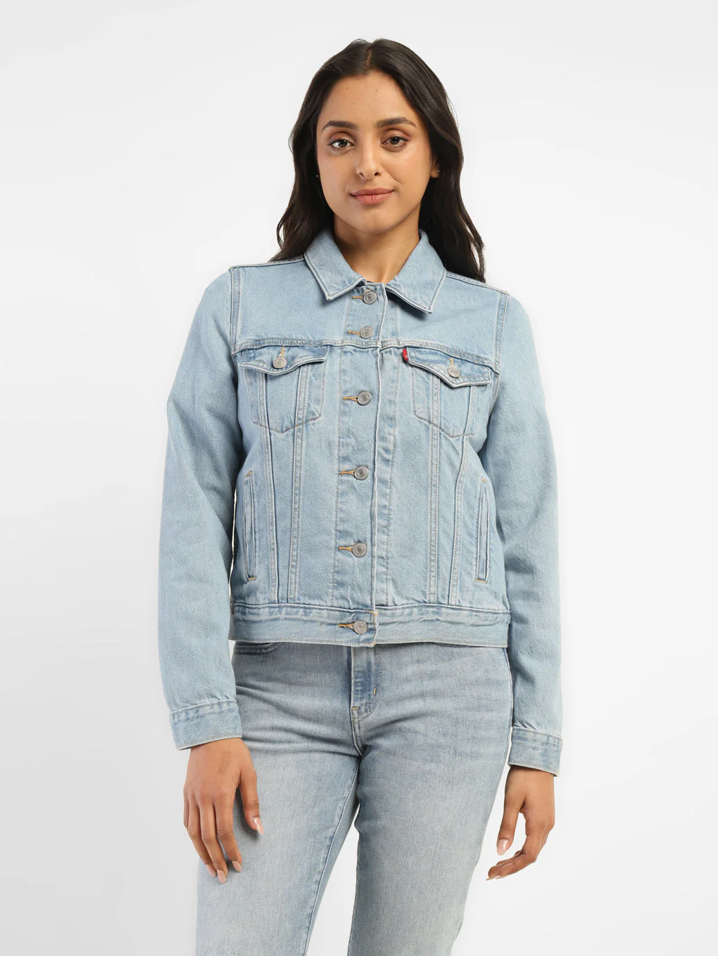 Women's Solid Blue Spread Collar Denim Jacket - Image 2