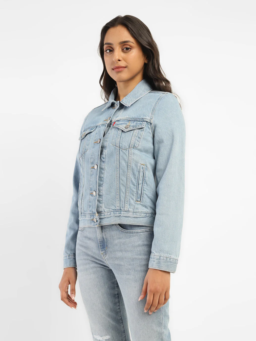 Women's Solid Blue Spread Collar Denim Jacket - Image 4