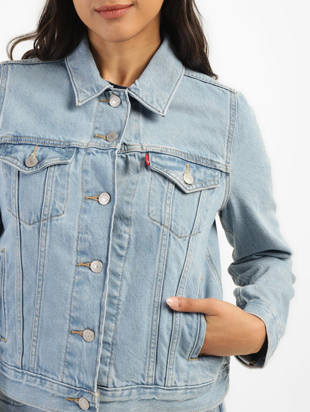 Women's Solid Blue Spread Collar Denim Jacket - Image 5