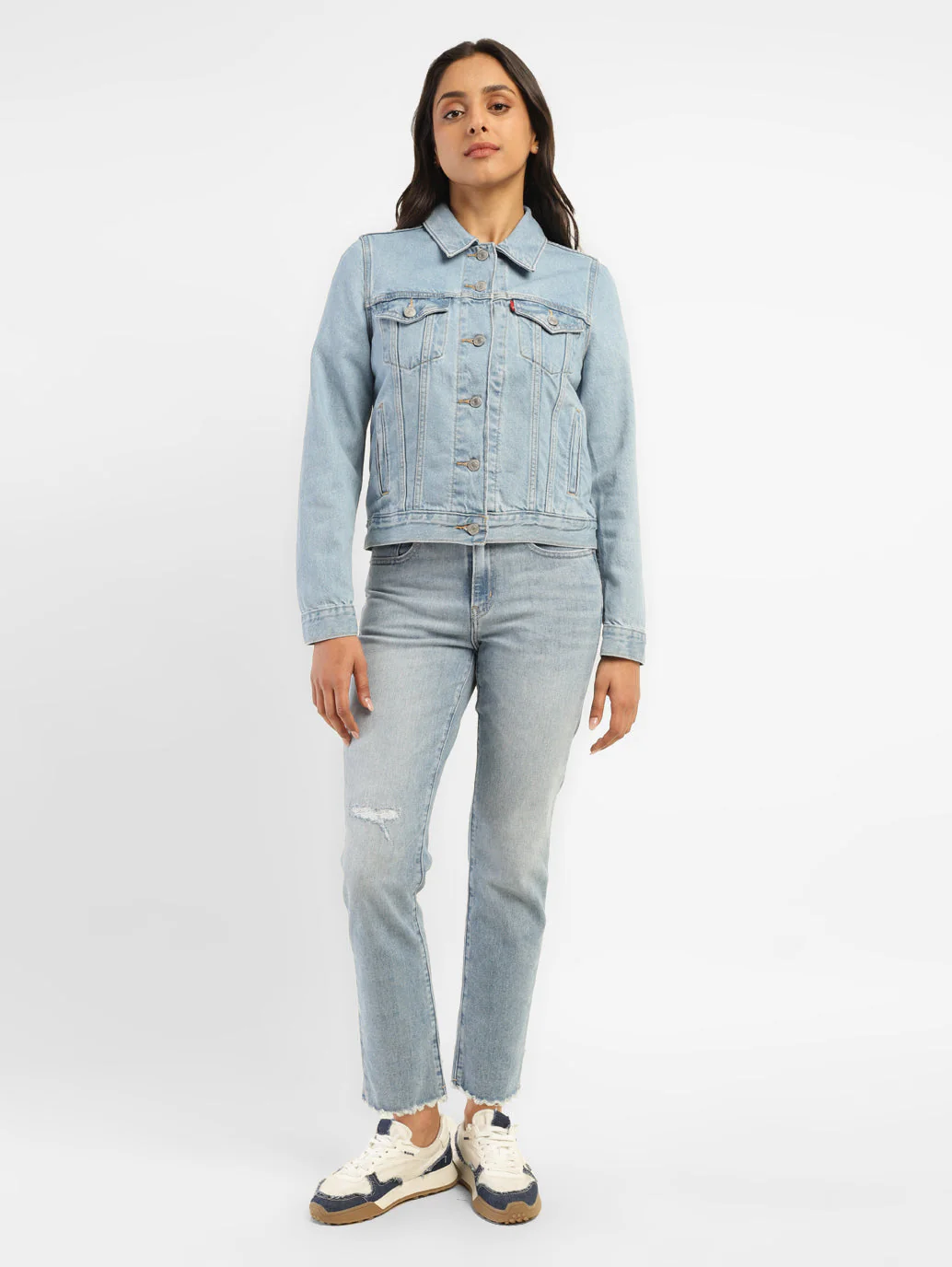 Women's Solid Blue Spread Collar Denim Jacket - Image 6