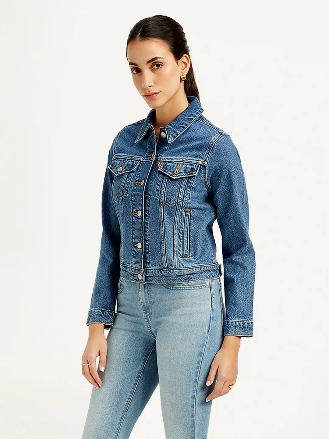 Women's Solid Blue Spread Collar Denim Jacket - Image 4
